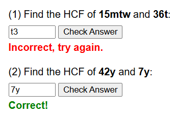 HCF of algebraic expressions woksheet