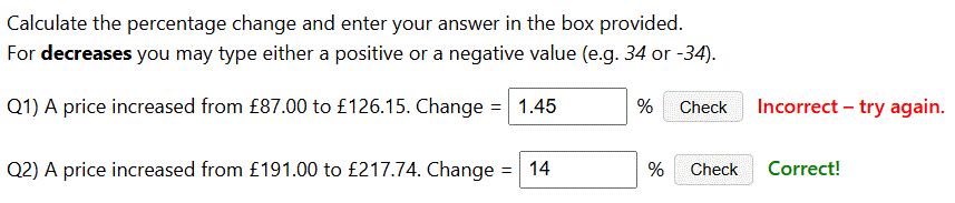 Percentage change worksheet