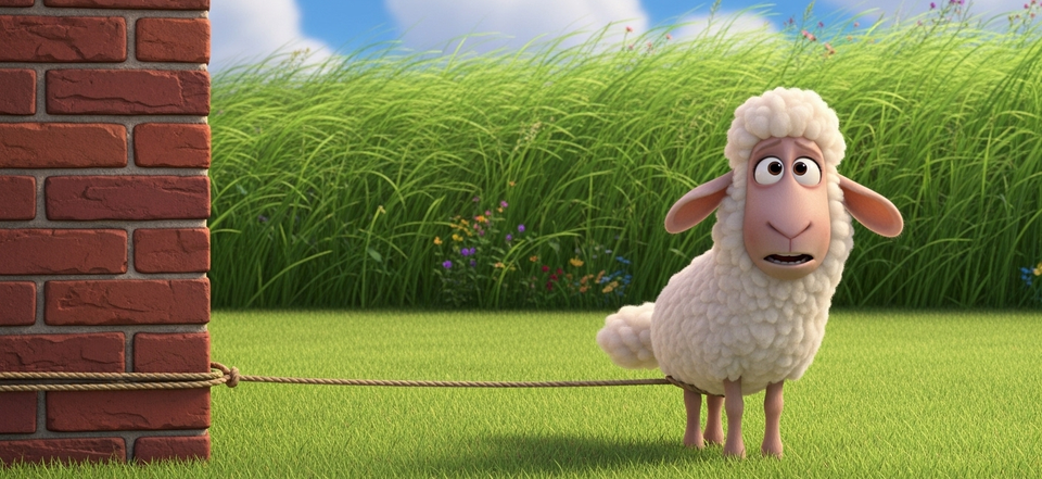 Stanley the Sheep tied to the corner of a building.