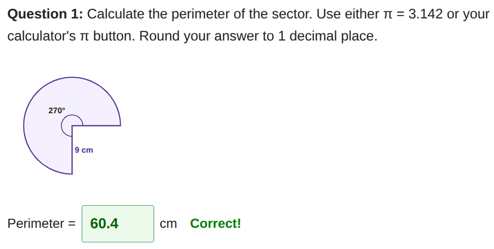 Perimeter of a sector worksheet