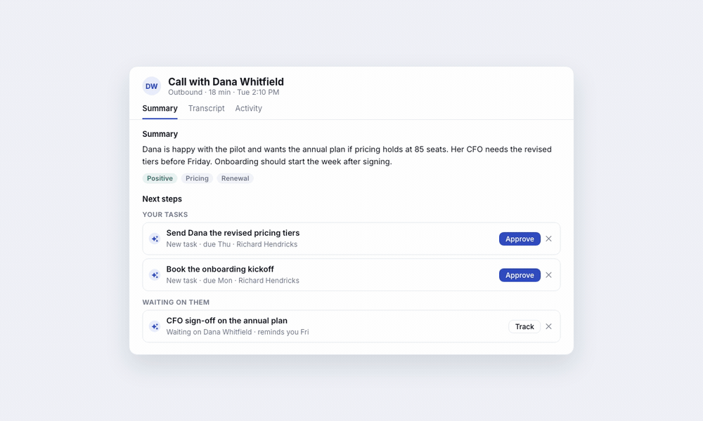 A call summary in Custral, with suggested next steps a person approves