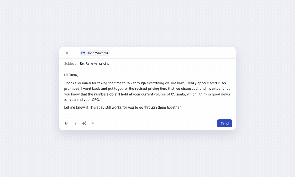 Rewrite with AI in the Custral email composer, making a draft shorter