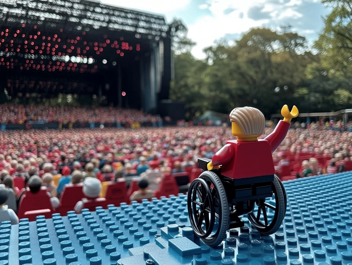 Figurine LEGO en fauteuil roulant derrière une foule dans un festival de musique. Grande scène de concert avec grande scène en arrière-plan.