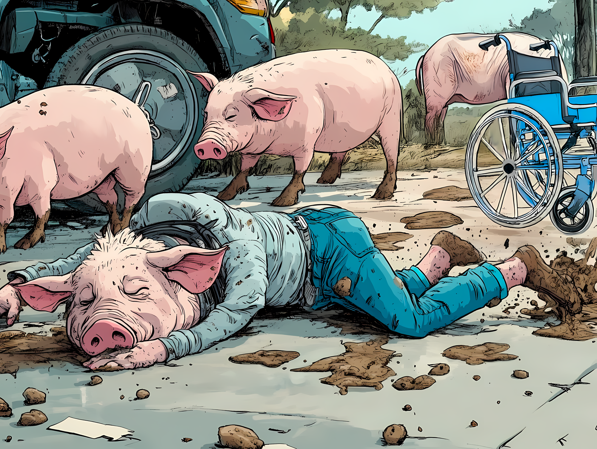 Illustration surréaliste d’une personne à tête de cochon allongée au sol, entourée de porcs, dans la boue, près d'une voiture et d'un fauteuil roulant.