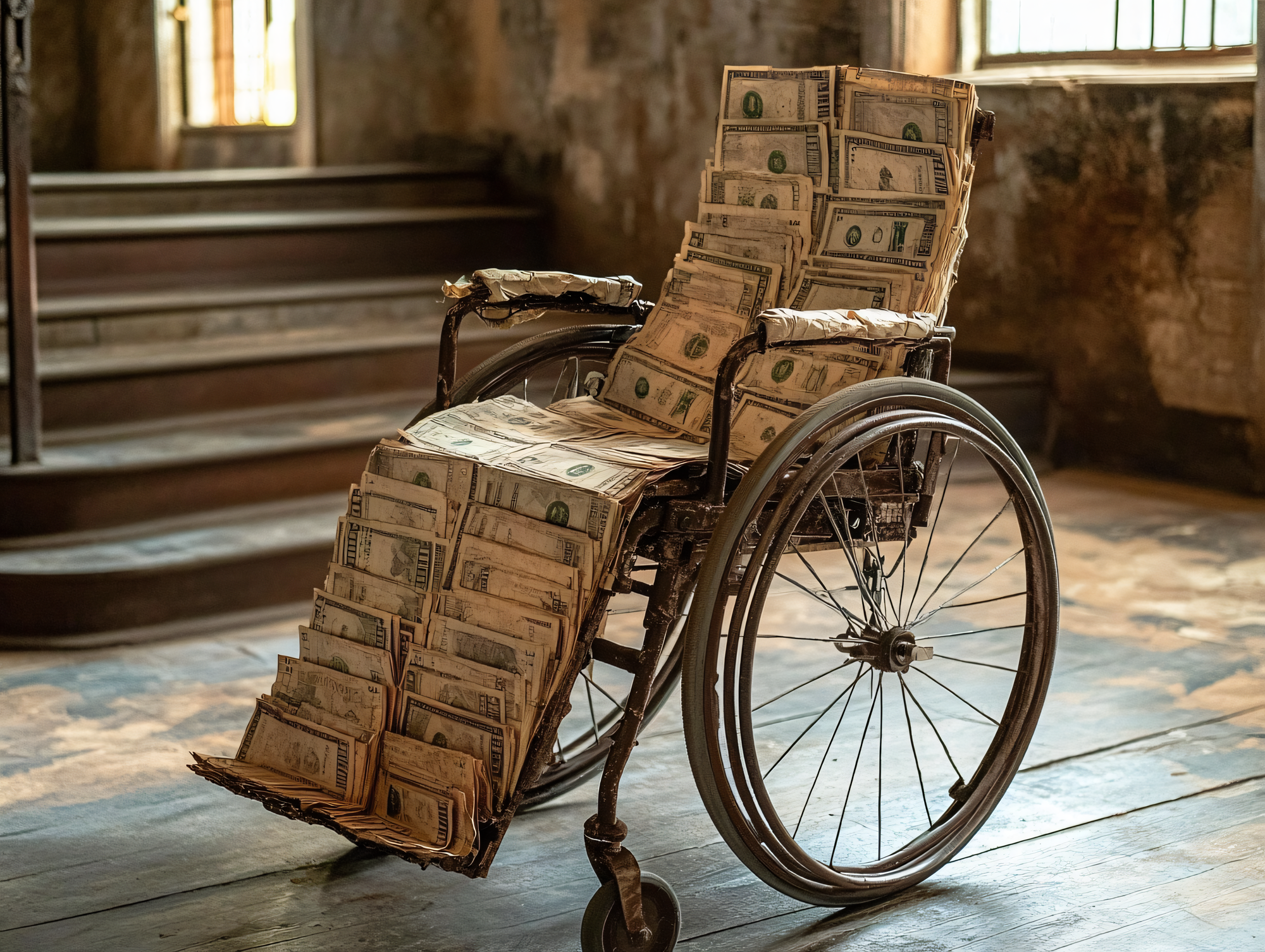 Fauteuil roulant ancien recouvert de billets de dollars américains, photographié dans un espace sombre aux murs texturés et sol en bois.