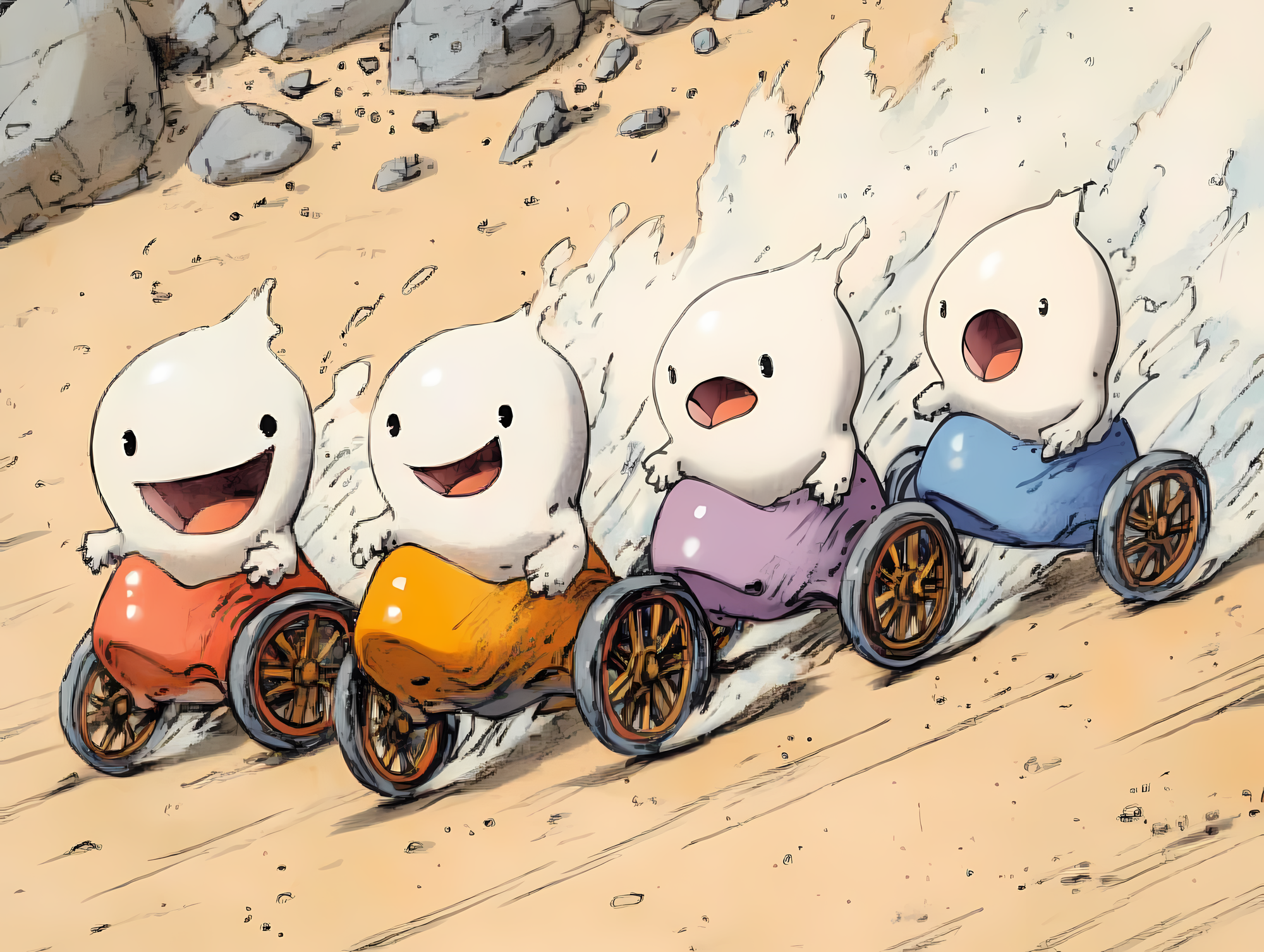 Quatre spermatozoïdes anthropomorphisés et souriants, en fauteuils roulants colorés (riouge, jaune, violet et bleu), dévalant à toute vitesse une pente dans un style manga.