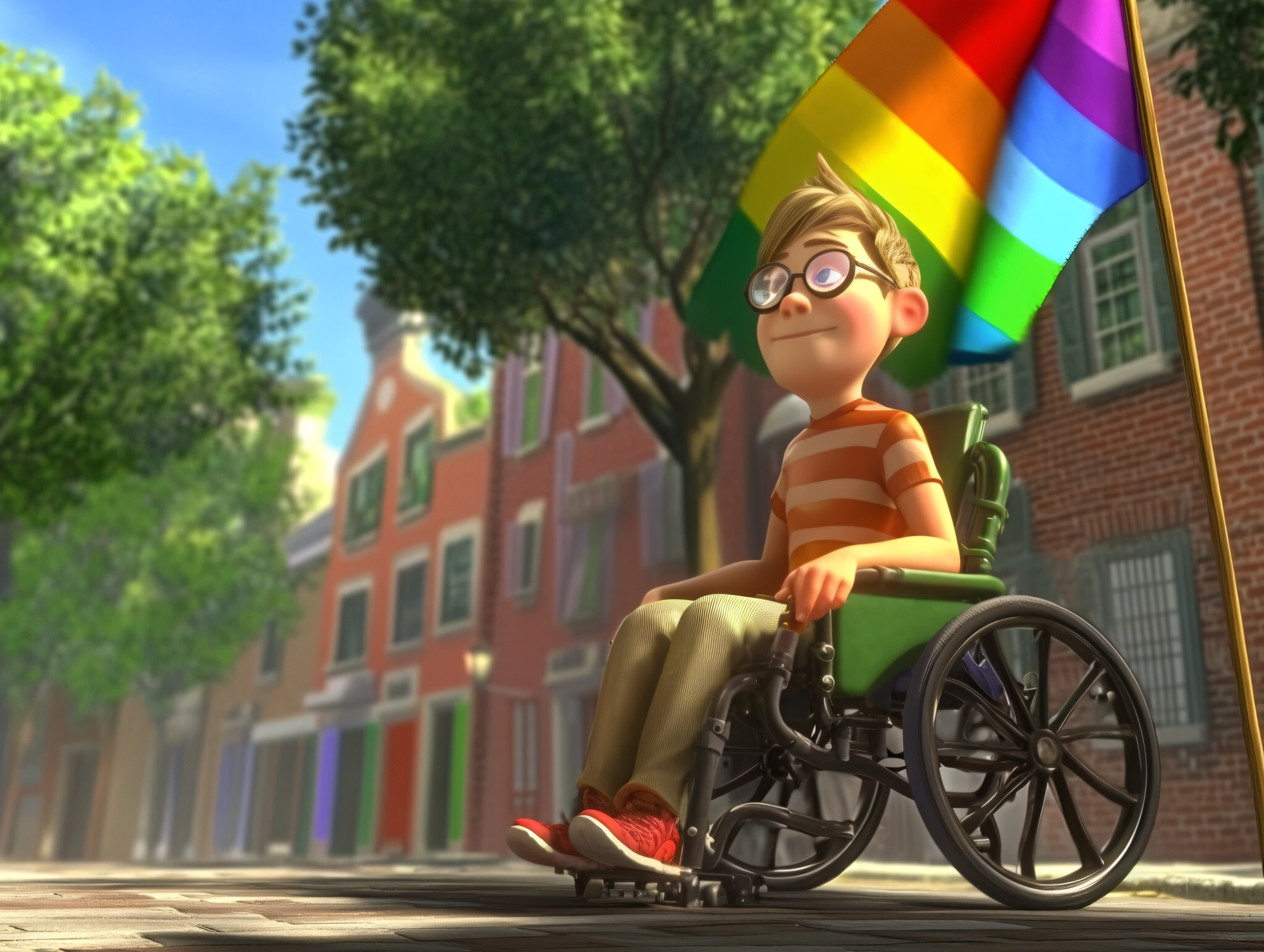Jeune homme en fauteuil roulant, dans le style d’un dessin-animé Pixar, lunettes rondes et t-shirt rayé orange, arborant fièrement un drapeau LGBTIQ+ dans une rue colorée.