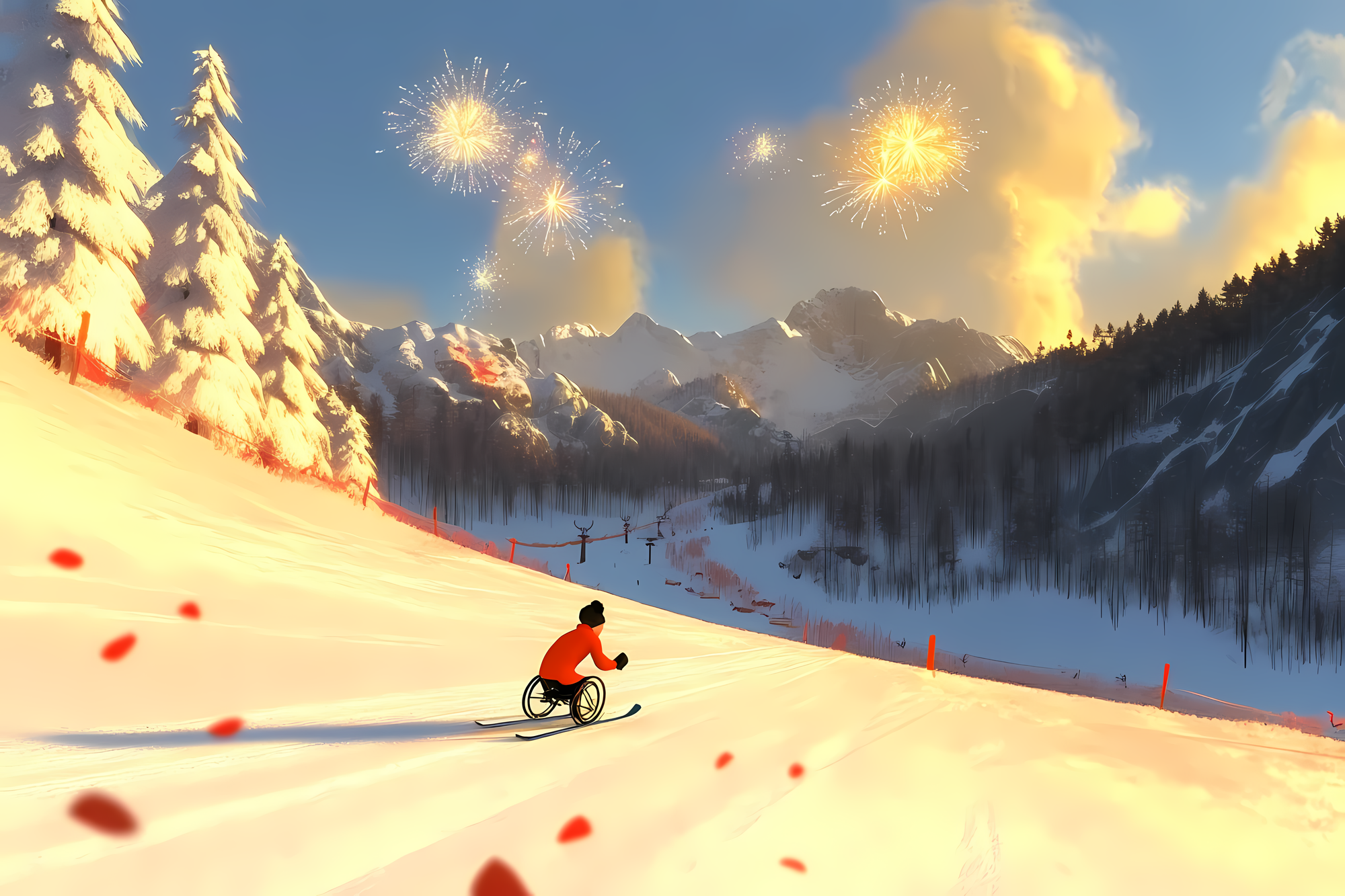 Une personne en fauteuil roulant de ski descend une piste enneigée au coucher du soleil. Vêtue d'une veste orange vif, elle glisse sur la neige immaculée bordée de sapins givrés. En arrière-plan, des montagnes majestueuses se découpent sous un ciel bleu où éclatent des feux d'artifice dorés. Des balises rouges jalonnent la piste, et un téléski est visible sur le flanc de la montagne. L'ambiance est féerique, mêlant la sérénité hivernale à la célébration.