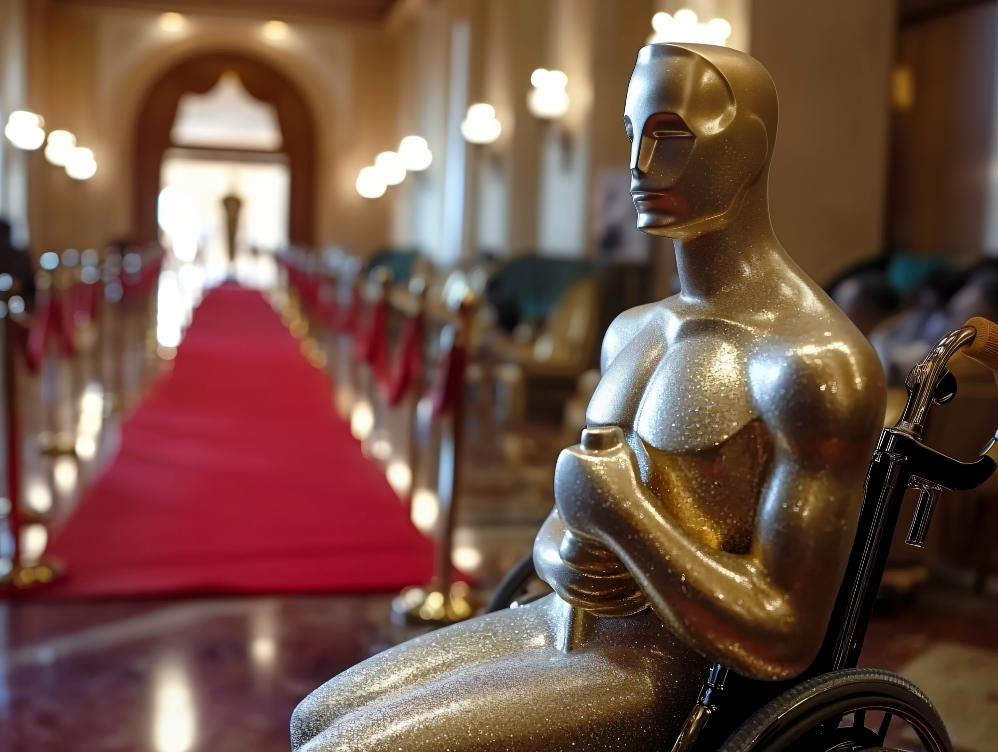 Statuette Oscar dorée placée dans un fauteuil roulant, photographiée en gros plan avec un tapis rouge et des barrières de cérémonie en arrière-plan flou. La statuette brille sous l'éclairage ambiant dans un décor intérieur élégant avec des arches.