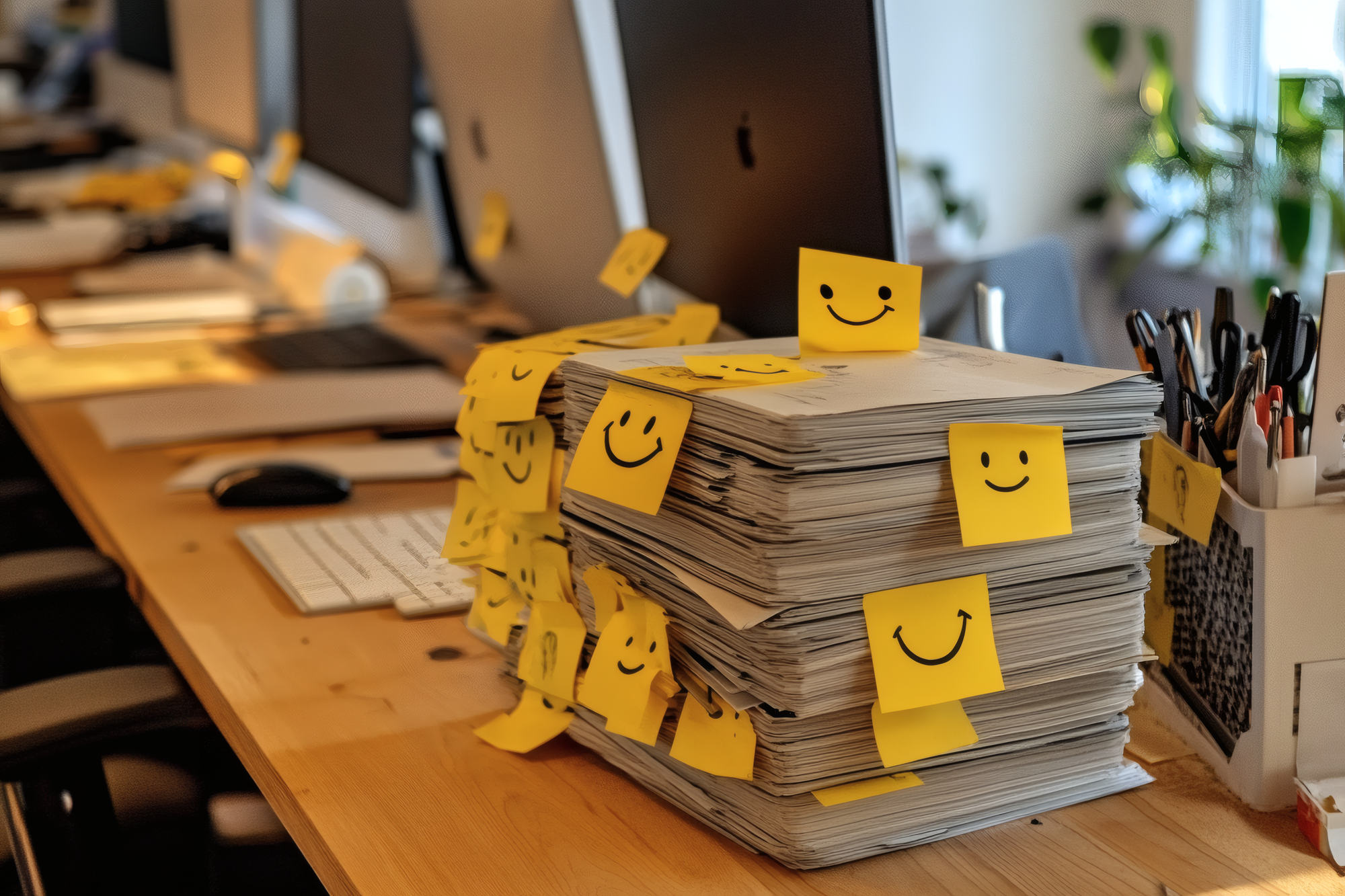 Sur un bureau en bois clair, une pile imposante de documents papier est décorée de post-it jaunes dessinés avec des smileys souriants. En arrière-plan, on aperçoit un écran d'ordinateur Mac et un clavier, ainsi que quelques plantes vertes. Les post-it créent un contraste ludique avec l'aspect administratif des documents.