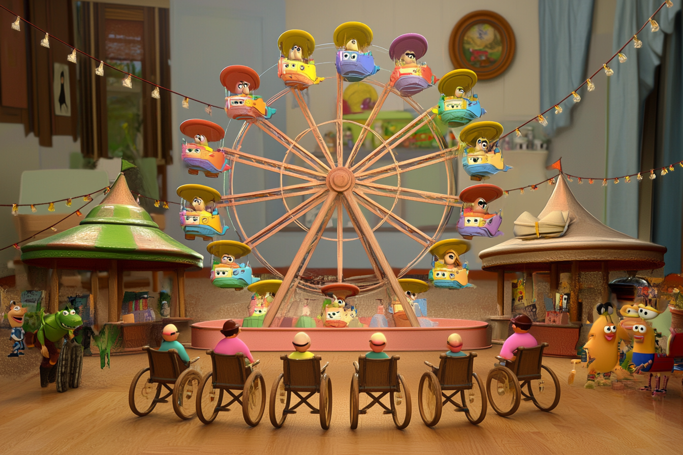 Dans l'univers de Toy Story, une grande roue miniature tourne joyeusement au centre d'une chambre transformée en fête foraine. Les nacelles colorées accueillent des petits jouets avec leurs chapeaux caractéristiques, tandis qu'au premier plan, six figurines en fauteuil roulant observent le spectacle, comme de vrais spectateurs venus profiter de l'attraction. Des tentes de foire encadrent la scène - une verte à gauche, une beige à droite - reliées par des guirlandes lumineuses qui scintillent. Rex le dinosaure accompagne un personnage à gauche, tandis que Mr. et Mme Patate avec leurs amis se tiennent à droite. Cette recréation miniature capture parfaitement l'esprit Pixar où les jouets prennent vie dès que les humains ont le dos tourné, avec une belle représentation inclusive des personnages en situation de handicap.