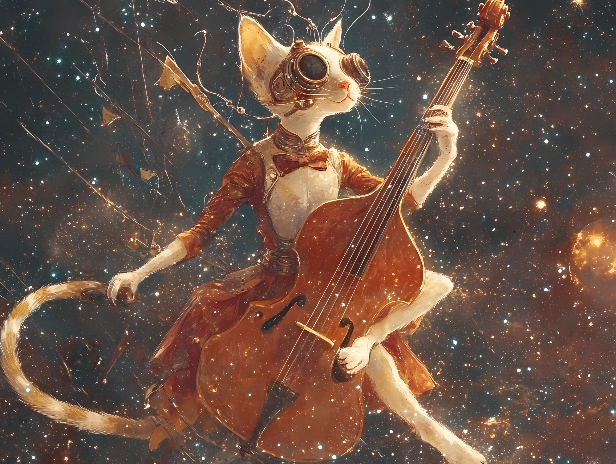 Chat blanc anthropomorphe en tenue steampunk victorienne brune, portant des lunettes d'aviateur, jouant de la contrebasse dans un décor spatial étoilé aux tons cuivrés. L'atmosphère mêle fantaisie rétrofuturiste et jazz cosmique.