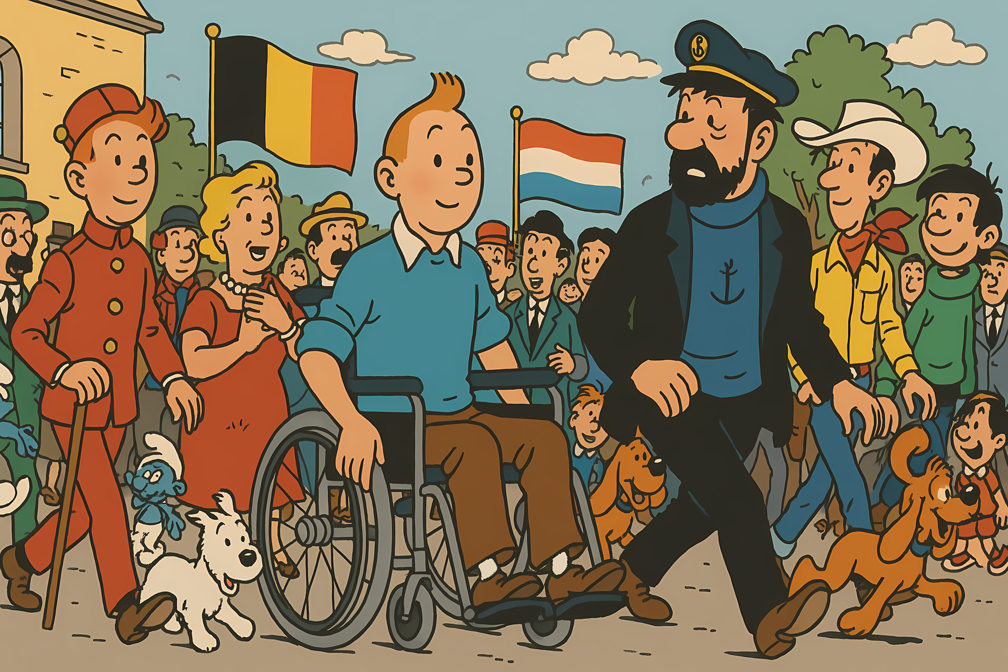 Illustration dans le style de Tintin montrant le personnage principal en fauteuil roulant, entouré de ses amis, dont le Capitaine Haddock et Milou. Dans la foule se distinguent Spirou en uniforme rouge, Lucky Luke avec son chapeau de cow-boy, Gaston Lagaffe en pull vert, un Schtroumpf, ainsi que Bill le cocker. La scène se déroule devant une foule, avec les drapeaux belge et luxembourgeois flottant en arrière-plan.