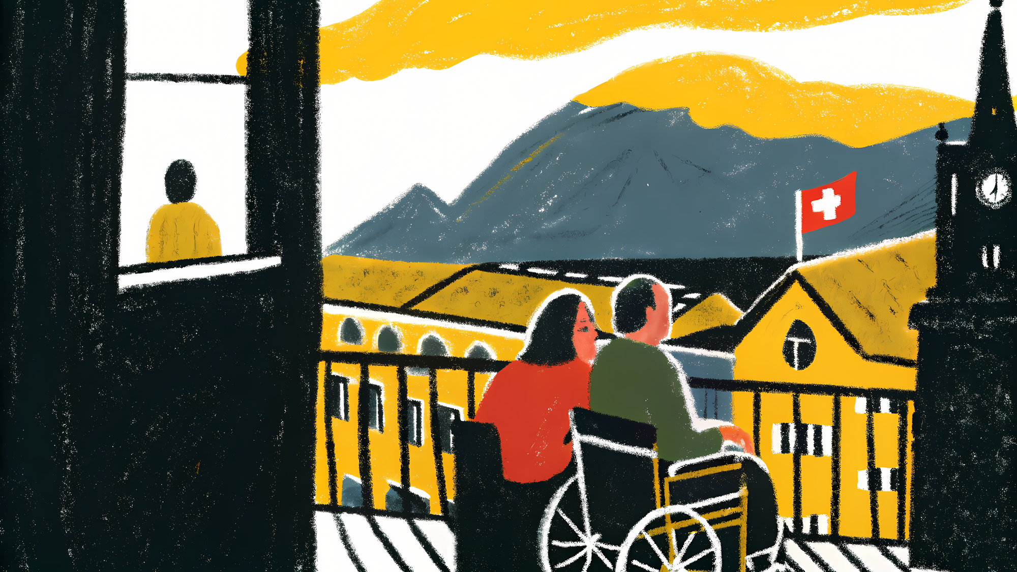 Illustration stylisée d'une scène en Suisse : au premier plan, deux personnes dont une en fauteuil roulant observent un paysage montagneux depuis un balcon. Un drapeau suisse flotte au loin. Dans l'arrière-plan, des bâtiments jaunes traditionnels et un clocher se détachent sur des montagnes grises sous un ciel traversé de traînées dorées. À gauche, une silhouette solitaire en pull jaune regarde par une fenêtre.