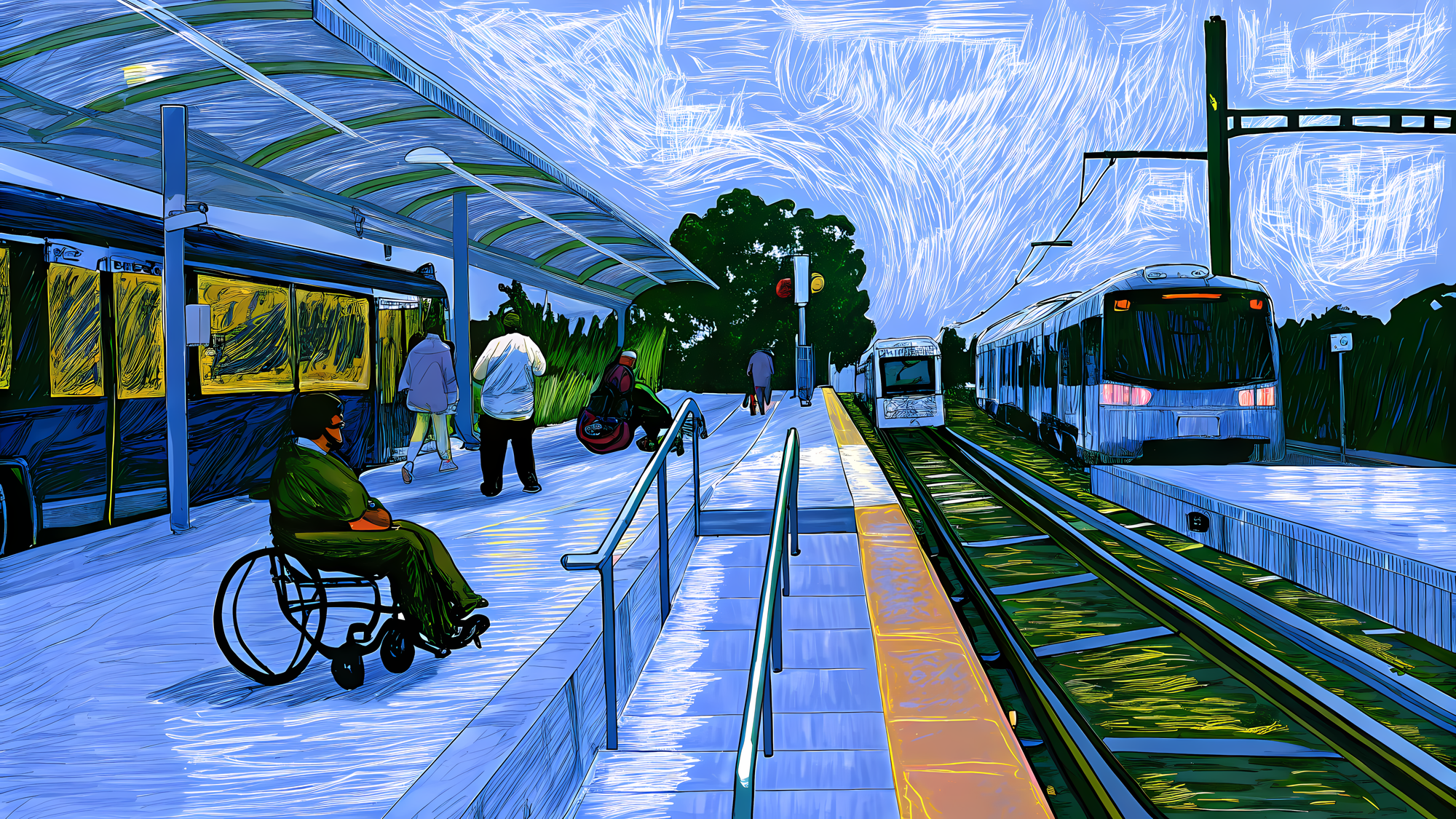 Vue d'un quai de gare. Au premier plan, une personne en fauteuil roulant attend sous l'abri voyageurs. La scène, illustrée dans un style digital art aux tons bleus dominants, montre aussi quelques autres voyageurs et un train à l'arrêt. Le quai est équipé de bandes de guidage jaunes et de mains courantes. Un ciel stylisé aux traits blancs surplombe l'ensemble.