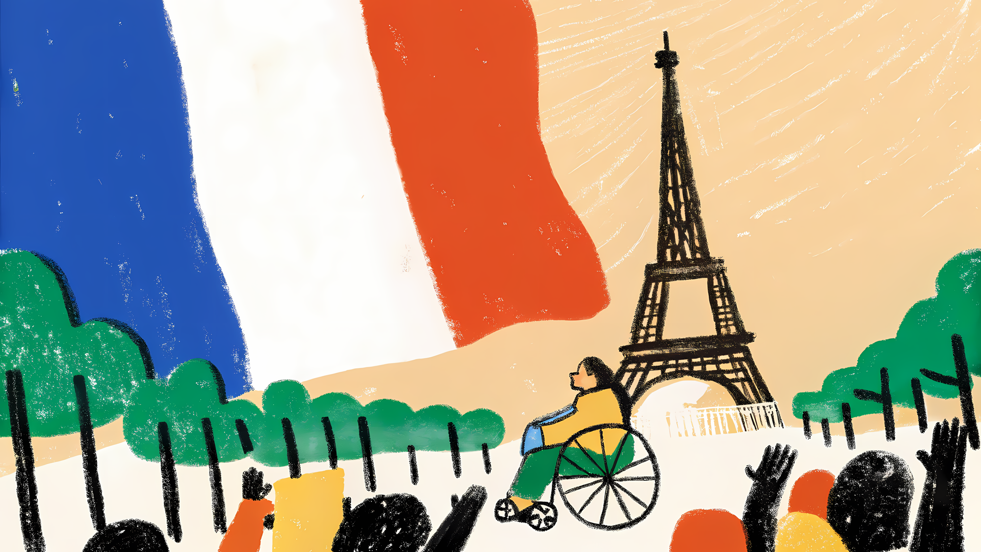 Illustration stylisée montrant une personne en fauteuil roulant devant la Tour Eiffel. En arrière-plan, le drapeau français flotte dans le ciel beige. Au premier plan, une foule est suggérée par des silhouettes noires, et une rangée d'arbres verts borde la scène. Le style est minimaliste avec des textures crayonnées.