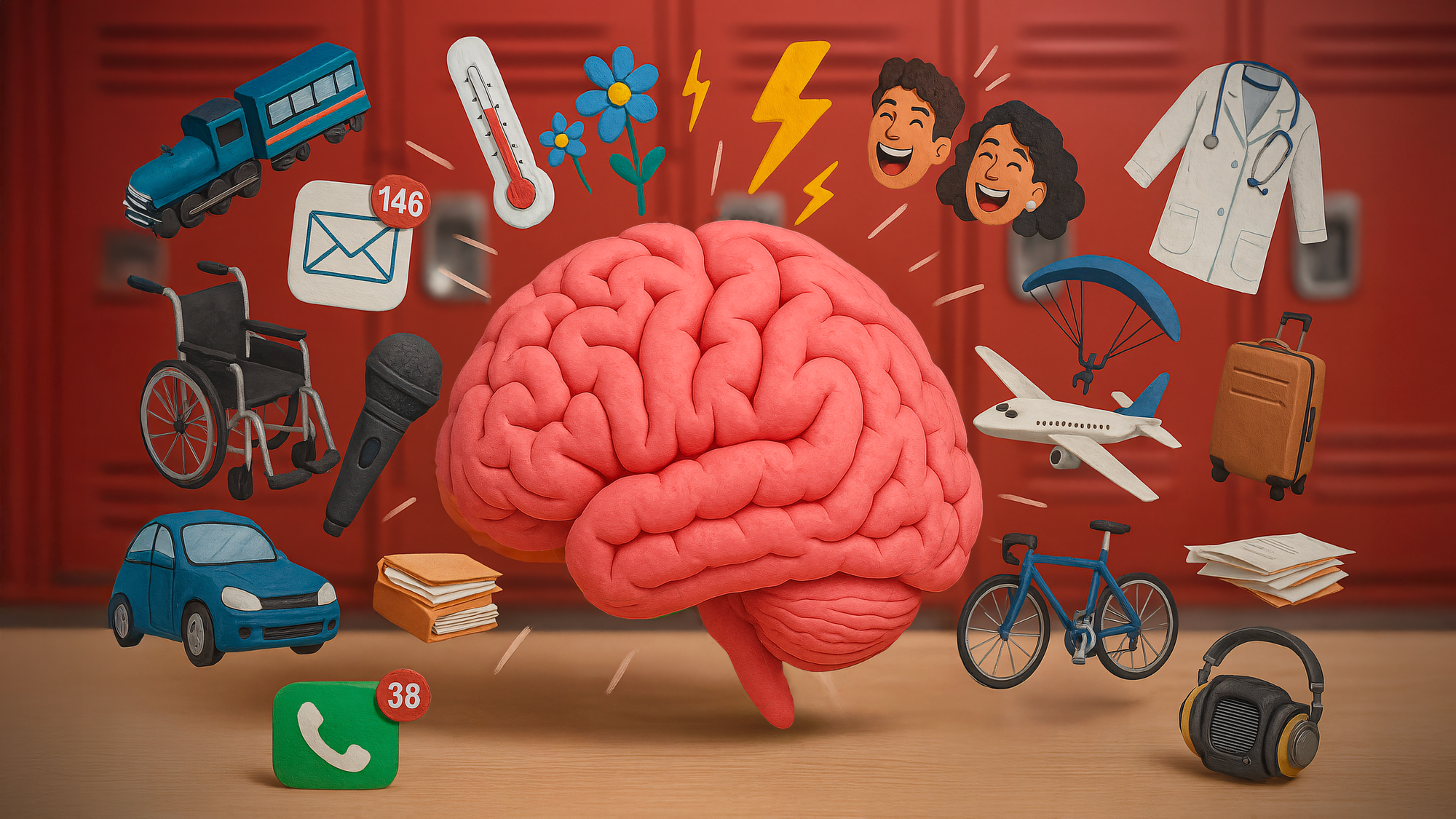 Représentation visuelle de la charge mentale. Au centre, un cerveau rose en pâte à modeler est entouré de multiples éléments qui semblent converger vers lui, symbolisant les sollicitations mentales quotidiennes. En arrière-plan, des casiers rouges floutés créent une ambiance scolaire ou institutionnelle. Autour du cerveau gravitent divers objets dans différents styles graphiques : un train bleu, un thermomètre, une voiture, un fauteuil roulant, un microphone, des fleurs, des éclairs, des visages souriants, une blouse médicale avec stéthoscope, un vélo, un parapente, une valise, un avion, un casque audio. Des notifications numériques sont également présentes : une icône de messagerie électronique affichant 146 messages non lus et une icône de téléphone avec 38 appels manqués. Cette composition illustre visuellement comment un cerveau doit constamment traiter de nombreuses informations et responsabilités simultanément.