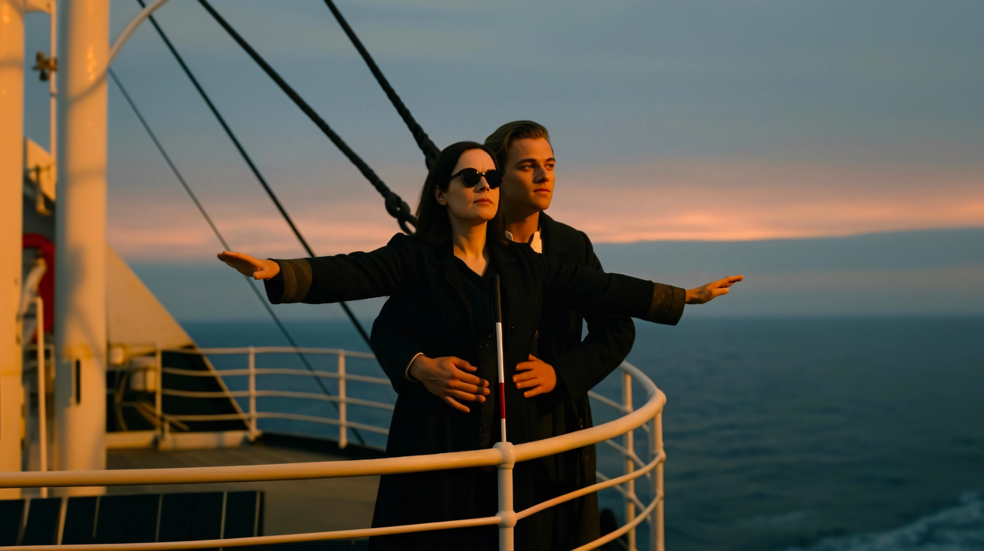 Sur la proue d'un navire au coucher du soleil, une femme portant des lunettes noires et tenant une canne blanche se tient debout, les bras écartés en croix. Derrière elle, Jack l'enlace par la taille. Ils sont tous deux vêtus de noir et contemplent l'horizon marin aux teintes orangées. Cette scène évoque la célèbre séquence "I'm flying" du film Titanic, réinterprétée avec une personne malvoyante.