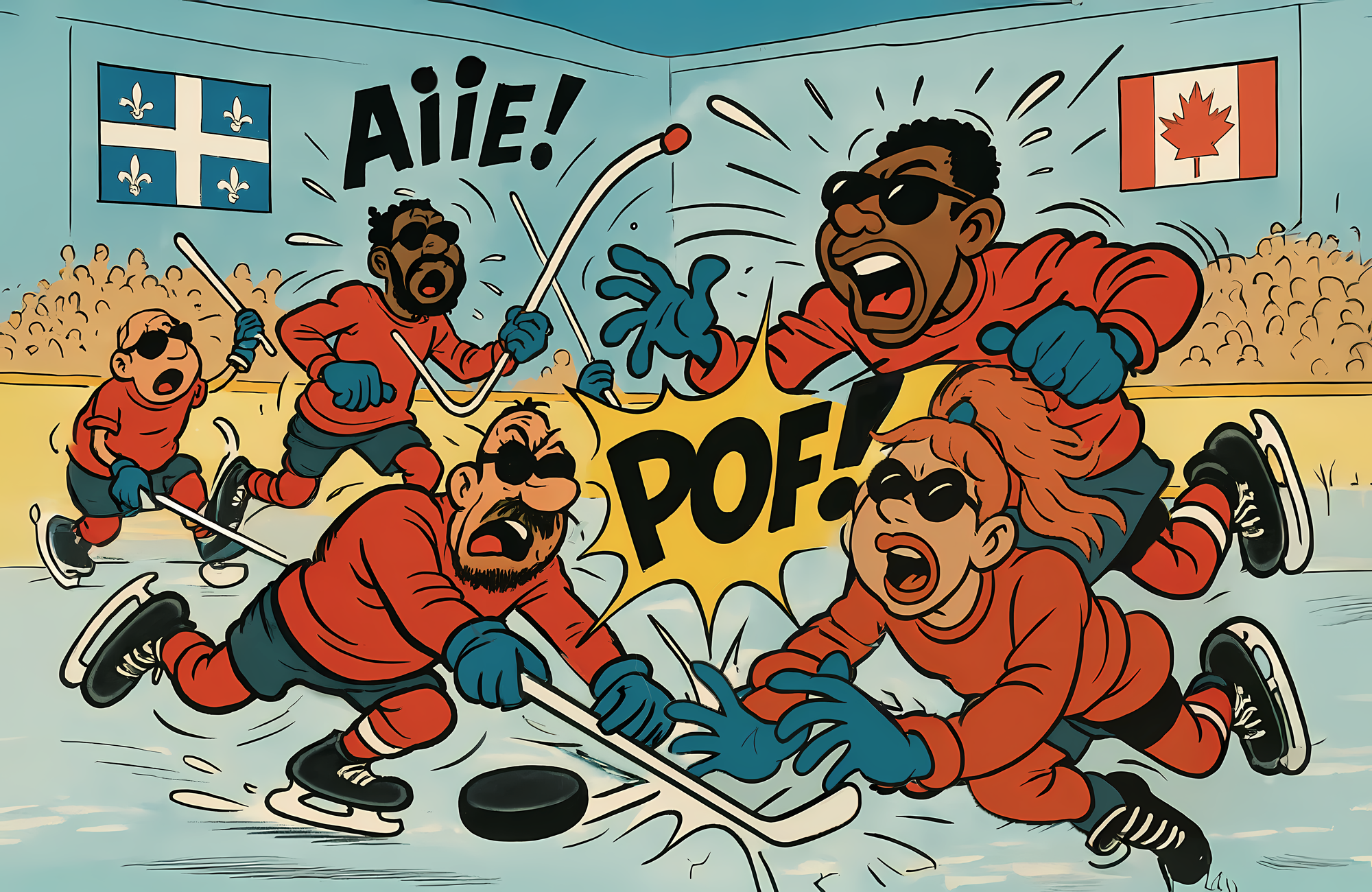 Dessin humoristique représentant un match de hockey chaotique entre joueurs aveugles, tous portant des lunettes noires et des uniformes rouges. Plusieurs joueurs se cognent, tombent ou crient ; l’un hurle “AIIE !” tandis que deux autres se percutent avec un “POF !” sonore. En arrière-plan, les drapeaux du Québec et du Canada flottent au-dessus d’un public stylisé.