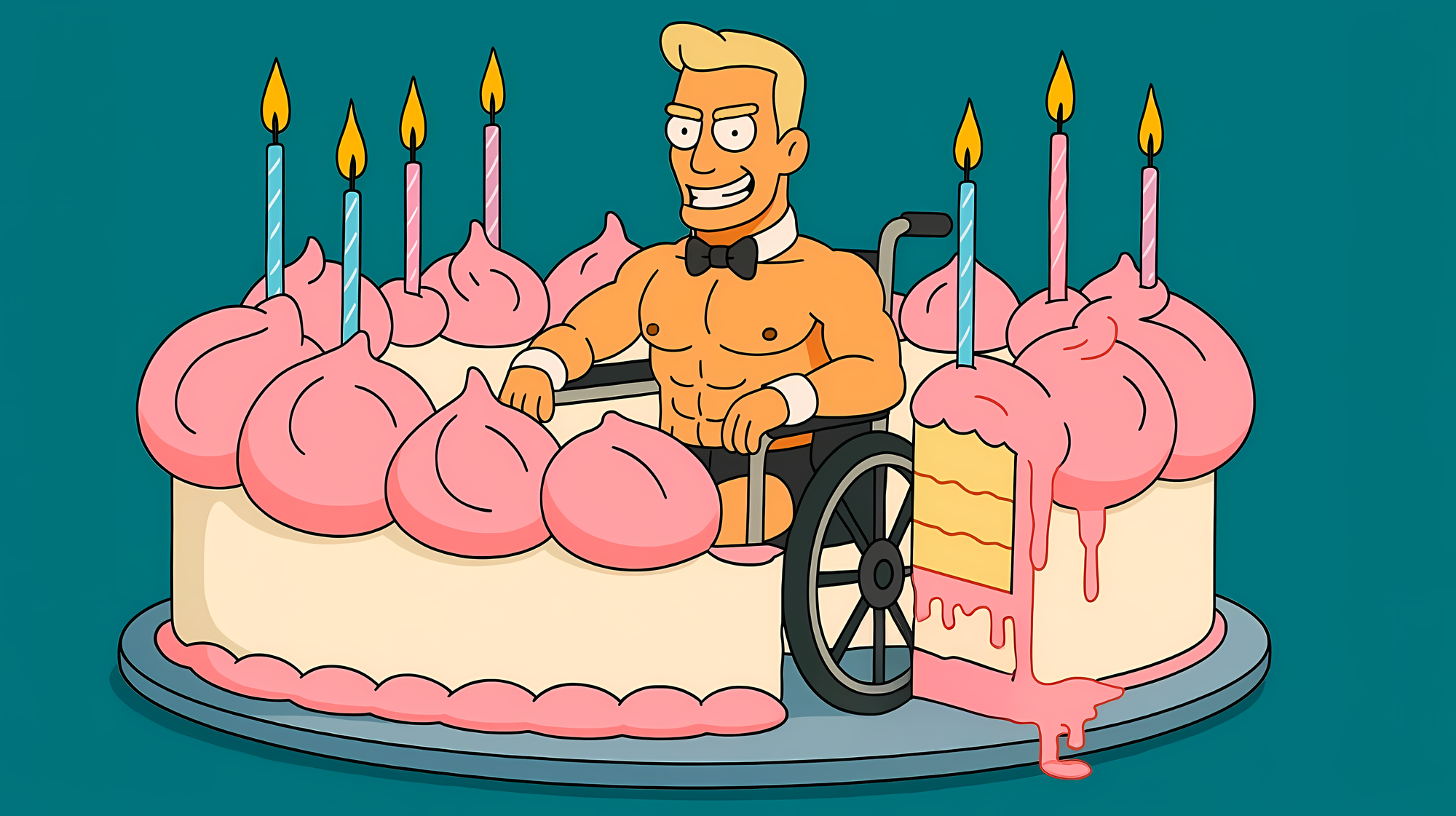Illustration de style Simpson montrant un homme musclé en fauteuil roulant, torse nu avec un nœud papillon (comme un Chippendales), souriant malicieusement. Il est représenté comme faisant partie d'un grand gâteau d'anniversaire à la crème rose, décoré de bougies allumées. Le gâteau est présenté sur un plateau gris avec une part découpée, sur fond vert turquoise.