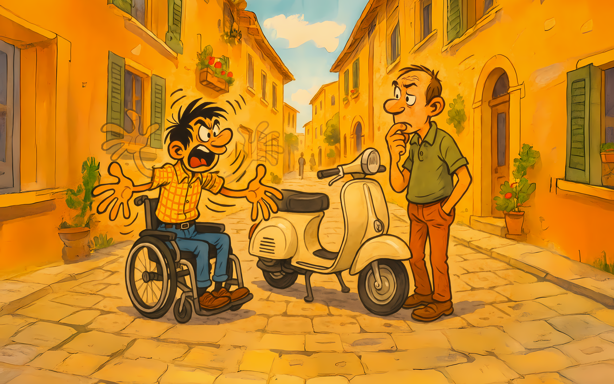 Dans une ruelle ensoleillée d’un village italien aux façades ocres, un homme en fauteuil roulant gesticule de façon spectaculaire devant une Vespa blanche, visiblement en pleine négociation ou protestation. Il porte une chemise à carreaux jaunes rentrée dans un pantalon bleu et semble bouillonner d’énergie, les bras projetés dans tous les sens, à la manière d’un personnage de bande dessinée. Face à lui, un autre homme, calme et dubitatif, en polo vert et pantalon rouille, l’observe en se grattant le menton, l’air pensif. La scène, colorée et caricaturale, évoque un malentendu ou une confrontation comique dans une ambiance estivale et méditerranéenne.