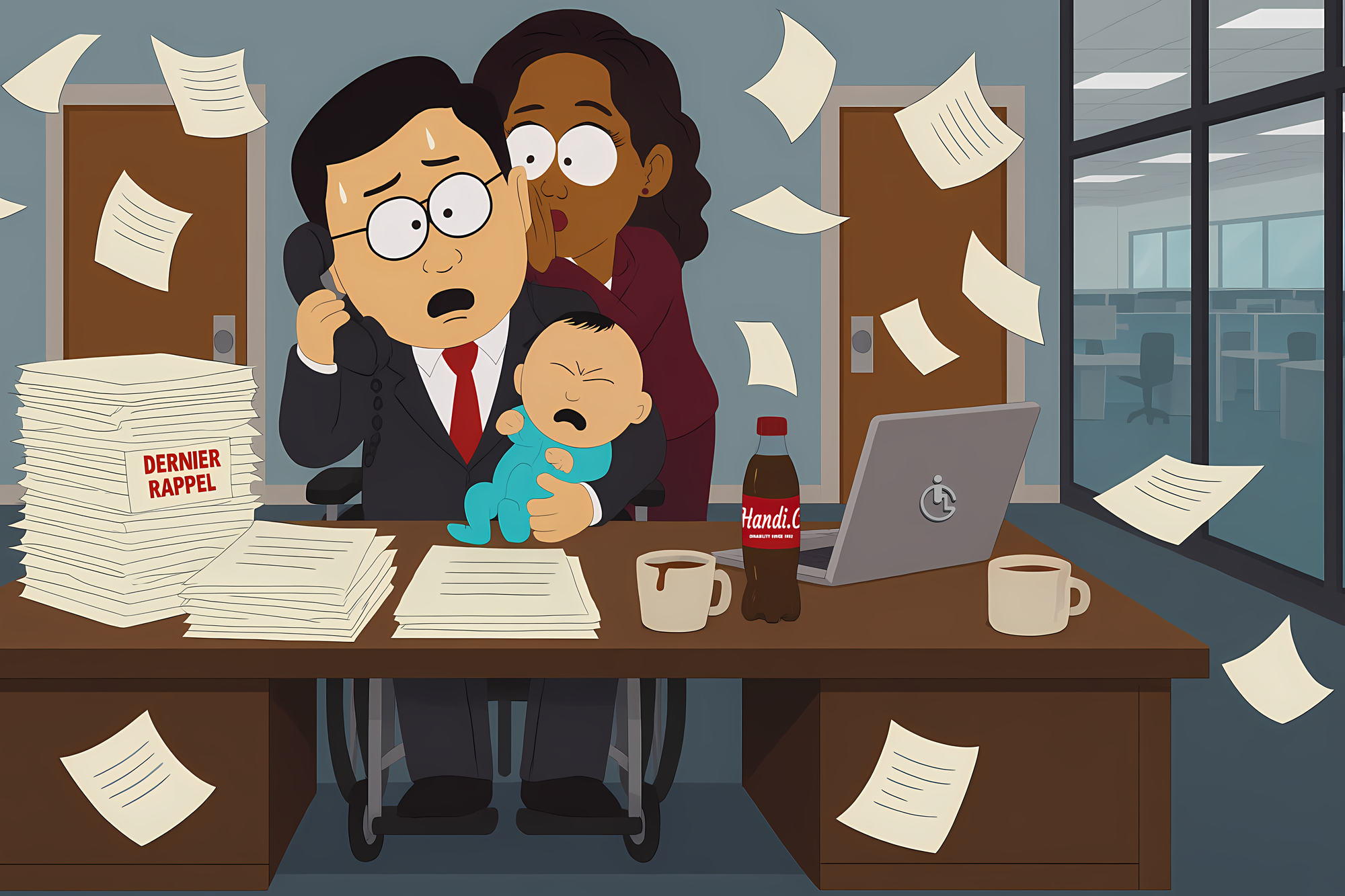 Un homme d’origine asiatique, en costume-cravate, est assis dans un fauteuil roulant derrière un grand bureau encombré. Il tient un téléphone contre son oreille droite et un bébé qui pleure dans son bras gauche. Il a l’air stressé, avec des gouttes de sueur sur le front. Derrière lui, une femme métisse, en tailleur bordeaux, se penche et lui chuchote quelque chose à l’oreille gauche. Elle semble lui transmettre une information discrète. Sur le bureau, on voit une grande pile de dossiers portant la mention « Dernier rappel », des feuilles éparpillées, deux tasses à café dont l’une est tachée, un ordinateur portable avec un symbole de fauteuil roulant, et une bouteille de soda sur laquelle on lit « Handi-Cola ». Des feuilles volent dans l’air, comme emportées par un courant d’air, renforçant l’impression de chaos. En arrière-plan, on aperçoit deux portes et, à droite, une grande baie vitrée donnant sur un open space vide. Le dessin est dans un style caricatural, proche de celui de la série animée South Park (personnages aux traits simples, yeux ronds, proportions exagérées).