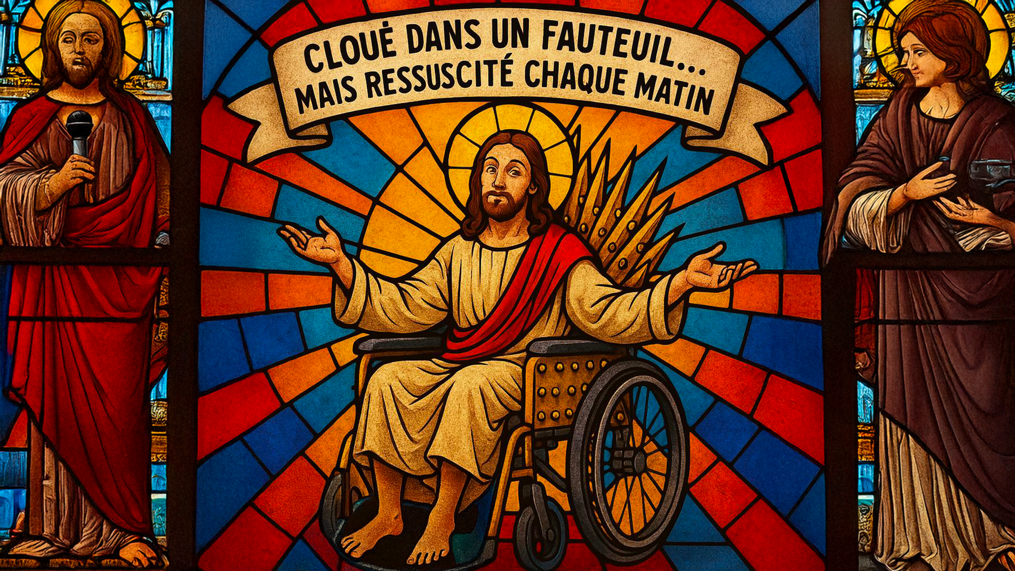 Illustration inspirée d’un vitrail d’église représentant une figure christique assise dans un fauteuil roulant, au centre d’un décor en vitrail aux teintes vives bleu, rouge et orange. Une auréole rayonne derrière sa tête, suggérant la sainteté ou la résilience. Au-dessus, une banderole porte l’inscription : « Cloué dans un fauteuil… mais ressuscité chaque matin ». Deux personnages encadrent la scène : à gauche, une personne tenant un micro, à droite, une autre prenant des notes – évoquant des journalistes. L’image joue avec les codes religieux et médiatiques pour interroger, avec ironie et force visuelle, les représentations du handicap dans les médias.