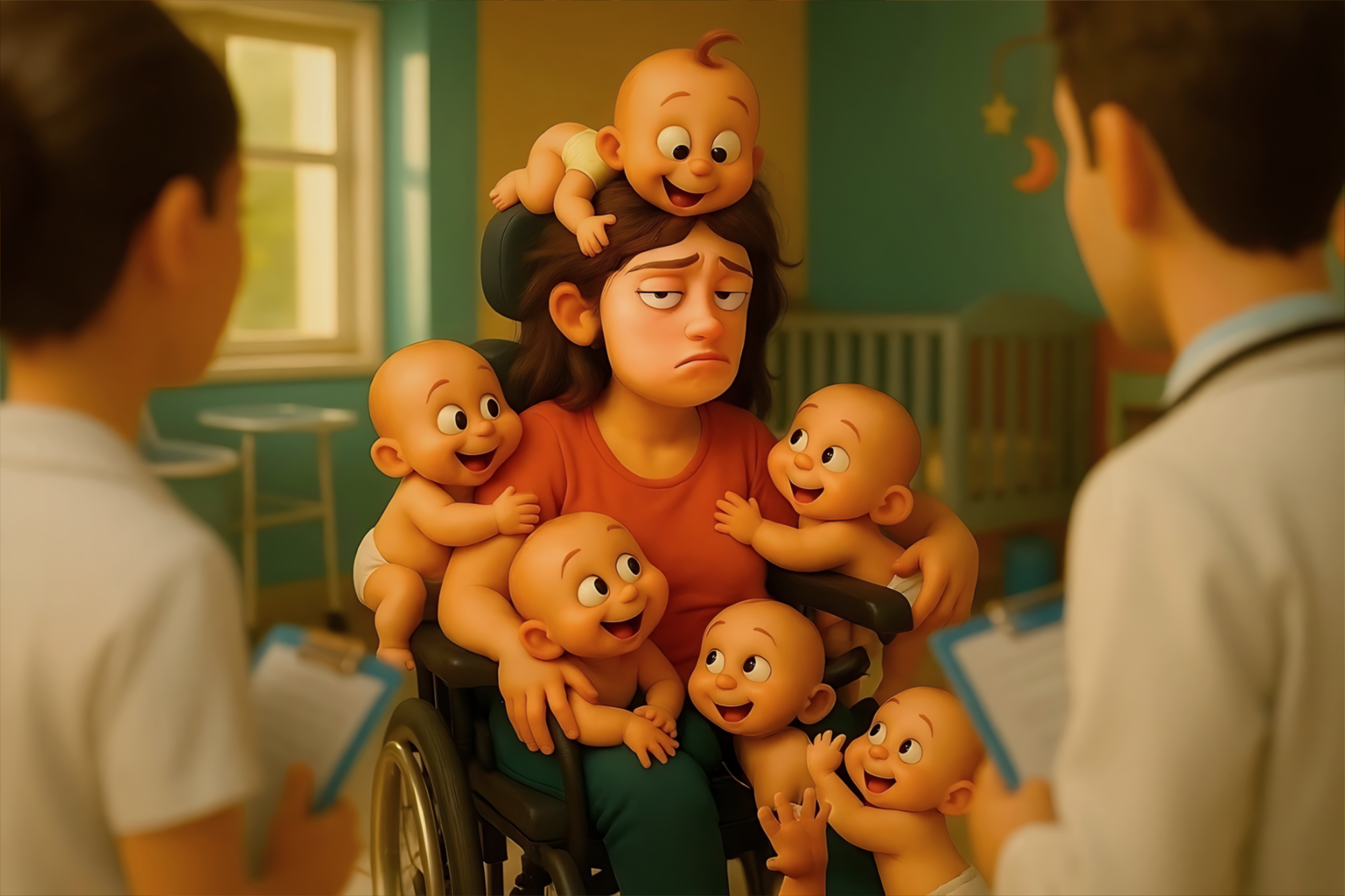 Illustration 3D inspirée de Pixar : on dirait une capture d’écran d’un film d’animation. Au centre, une jeune femme brune au t-shirt rouge est assise dans un fauteuil roulant. Elle est entourée de six bébés rieurs, coulés dans un rendu tout en rondeurs et couleurs saturées propres à Pixar : l’un est perché sur sa tête, deux tiennent ses bras, et trois sont blottis sur ses genoux. Son visage trahit une exaspération amusée, les sourcils légèrement froncés, les paupières mi-closes, comme si elle méditait un plan d’évasion. En avant-plan, deux médecins en blouse blanche, stylisés et expressifs, l’observent en tenant des carnets, dans le cadre chaleureux d’une chambre d’enfant baignée de lumière douce, où l’on devine un berceau et une petite table.