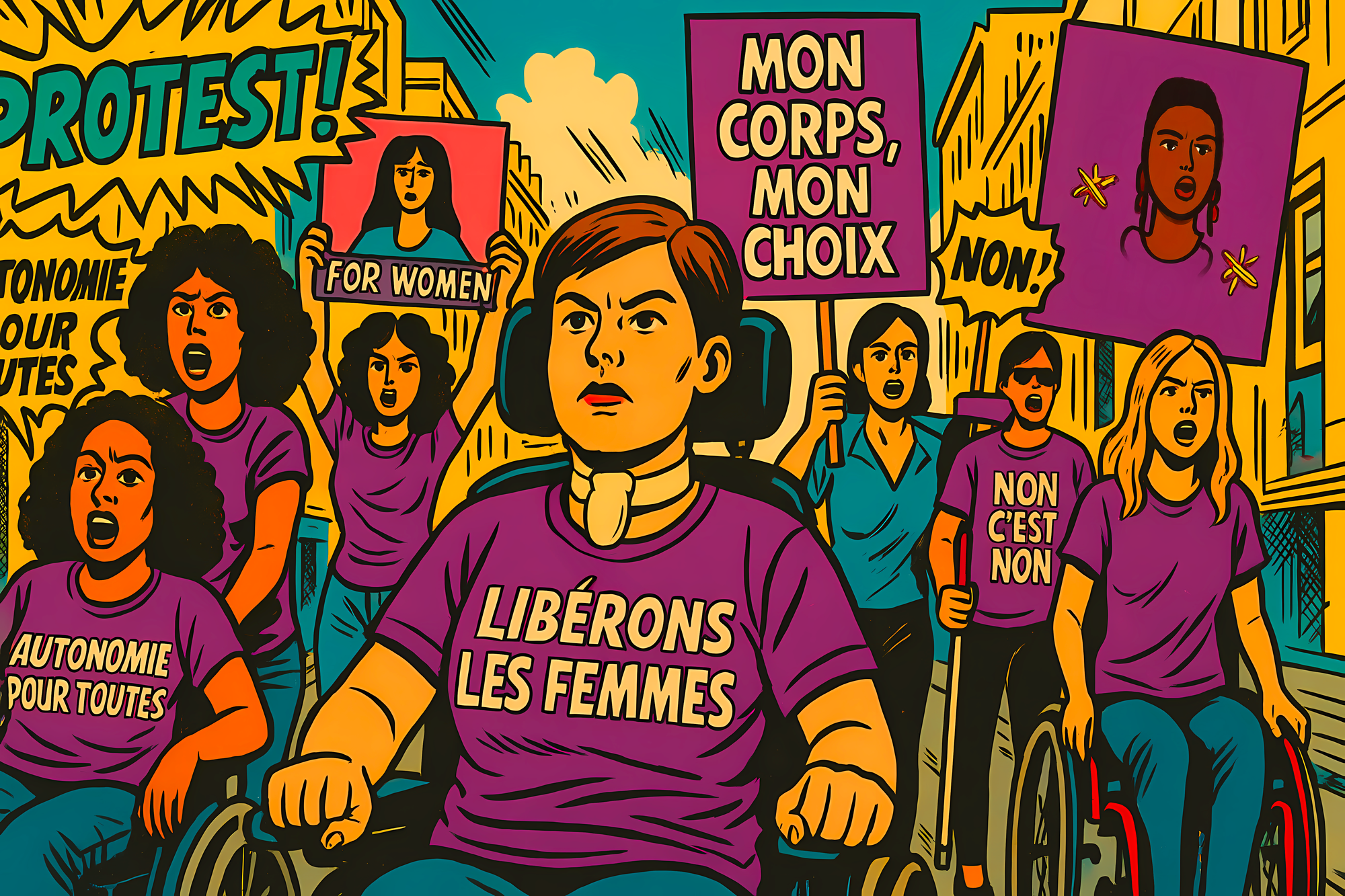 Illustration d’une manifestation féministe avec une femme en fauteuil roulant au premier plan, portant un t-shirt violet « Libérons les femmes ». Autour d’elle, des manifestantes tiennent des pancartes avec les slogans « Mon corps, mon choix », « Protest ! », « For women », « Autonomie pour toutes » et « Non, c’est non ». L’ensemble est représenté dans un style graphique coloré aux tons violets, jaunes et turquoises.