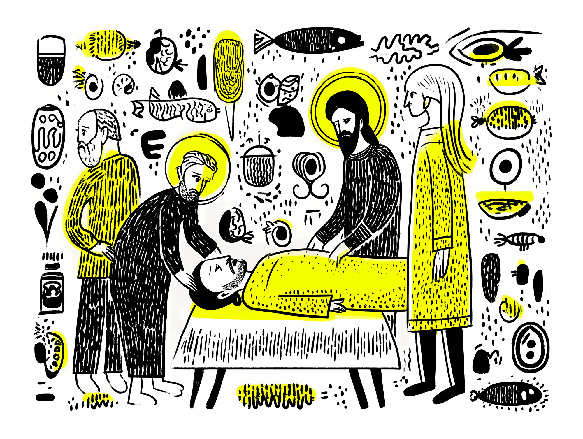 Illustration stylisée de la guérison du paralytique à Capharnaüm. Scène biblique représentant un homme allongé sur un brancard jaune, avec Jésus debout à droite (auréole, vêtements noirs) et deux autres figures : un homme en jaune à gauche et une femme blonde en jaune. L'ensemble est encadré de symboles chrétiens primitifs (poissons, pain, coupes) dans un style graphique noir, blanc et jaune évoquant l'art des premiers chrétiens.