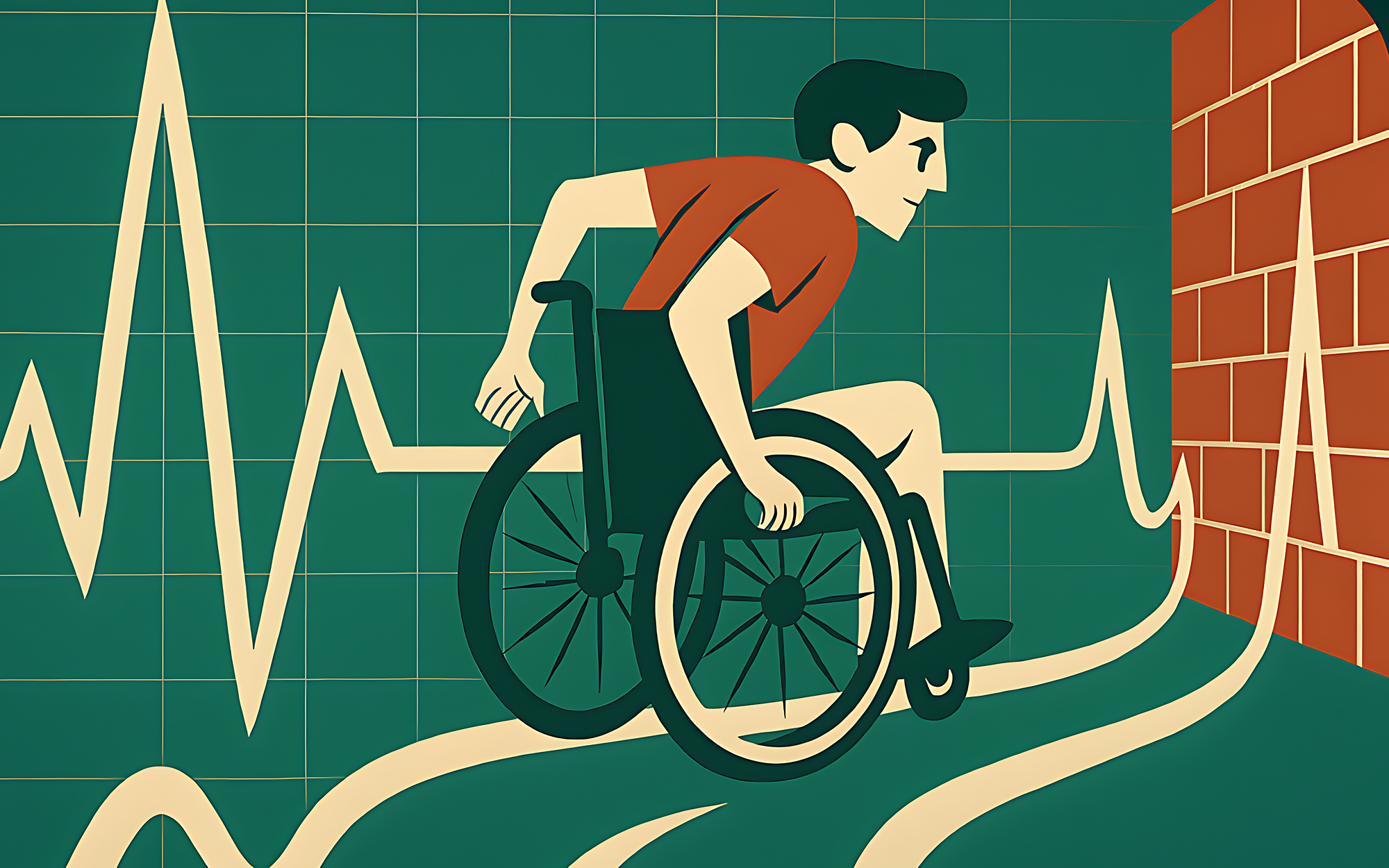 Illustration stylisée dans un style cartoon rétro des années 1950 : un homme en fauteuil roulant manuel, vu de profil, avance avec détermination le long de courbes médicales évoquant un tracé d’électrocardiogramme (ECG). Ces courbes ondulantes, de couleur crème, serpentent sur un fond quadrillé vert émeraude rappelant l’écran d’un moniteur médical. L’homme, habillé d’un t-shirt rouge et d’un short beige, se dirige droit vers un mur de briques rouges, dressé en pleine trajectoire. Les lignes du tracé cardiaque semblent se heurter elles aussi au mur. 