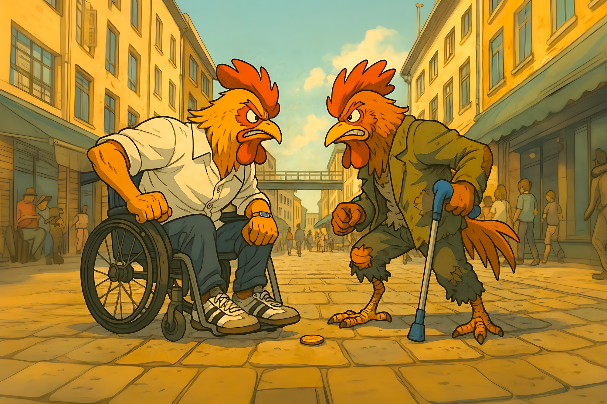 Illustration dans le style manga One Piece de deux coqs anthropomorphes sur le point de se battre dans une rue pavée européenne. Le coq de gauche, en fauteuil roulant, porte une chemise blanche et un pantalon gris. Le coq de droite, debout avec une canne, porte un manteau brun usé et rapiécé. Ils se font face dans une confrontation tendue, une pièce de monnaie visible au sol entre eux. La scène se déroule sur une place entourée de bâtiments historiques aux façades jaunes, avec des passants en arrière-plan.