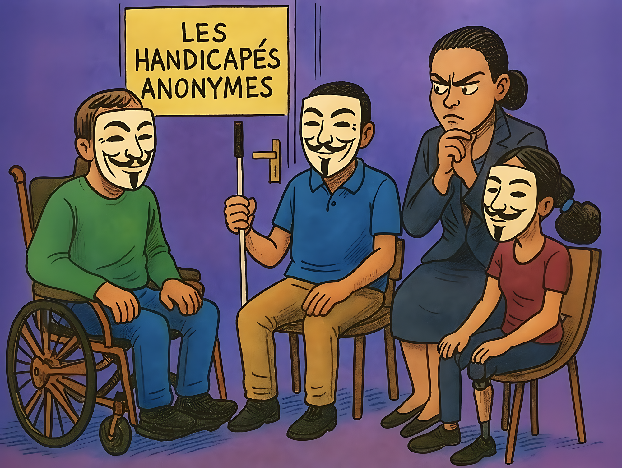 Illustration en couleurs dans un style de dessin de presse. Quatre personnes sont assises en cercle, dans une pièce fermée. Trois d'entre elles portent des masques blancs à moustache et bouc, emblématiques du collectif « Anonymous ». À gauche, un homme en fauteuil roulant, vêtu d’un pull vert et d’un jean bleu. À côté de lui, une personne malvoyante tient une canne blanche, porte une chemise bleue et un pantalon beige. À droite, une jeune femme, assise sur une chaise, arbore une prothèse à la jambe droite et porte un t-shirt bordeaux et un pantalon bleu. Les trois portent le même masque. En face d’eux, une femme sans masque, visiblement la psychologue, les observe d’un air soupçonneux, bras croisés, le visage marqué par la méfiance. Elle porte un tailleur sombre. En arrière-plan, une porte fermée est marquée d’un panneau jaune où il est inscrit en lettres noires : « Les handicapés anonymes ».