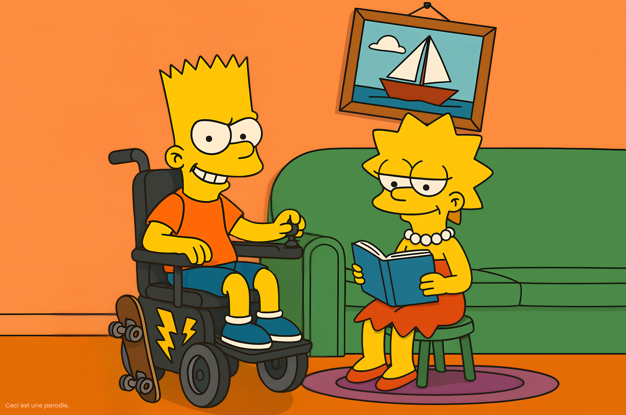 Bart Simpson, assis dans un fauteuil roulant personnalisé avec des éclairs jaunes sur les roues et une planche de skateboard intégrée, sourit de façon machiavélique en direction du spectateur. À côté de lui, Lisa Simpson est assise sur un tabouret vert, concentrée sur un livre bleu qu'elle tient. Ils se trouvent dans le salon des Simpson, avec un canapé vert en arrière-plan et un tableau représentant un bateau rouge sur la mer accroché au mur. Texte en bas : "Ceci est une parodie."
