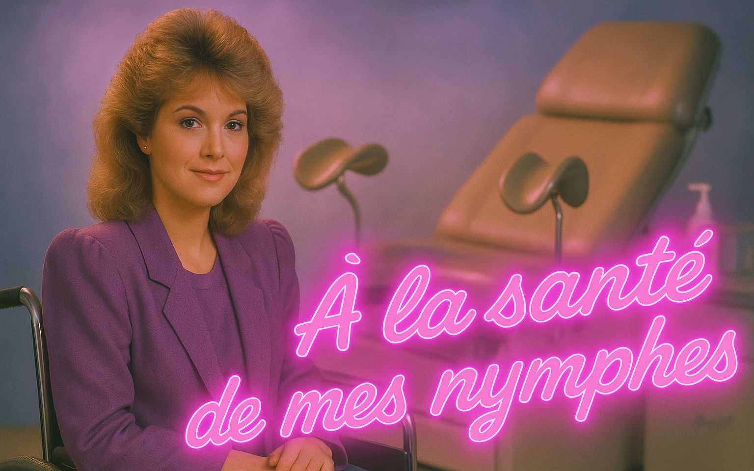 Dans une ambiance saturée de rose mauve et de nostalgie kitsch, une femme assise en fauteuil roulant pose calmement devant un fauteuil gynécologique aux étriers bien visibles. Elle porte un tailleur violet à épaulettes massives, une coiffure savamment crêpée façon brushing 1986, et une expression de sérénité maîtrisée – quelque part entre assurance et ironie douce. L’ensemble baigne dans une lumière vaporeuse digne des studios photo de centres commerciaux de l’époque. En surimpression, une typographie cursive fluo rose criarde – clin d’œil assumé au mauvais goût devenu culte – déclare : « À la santé de mes nymphes ».