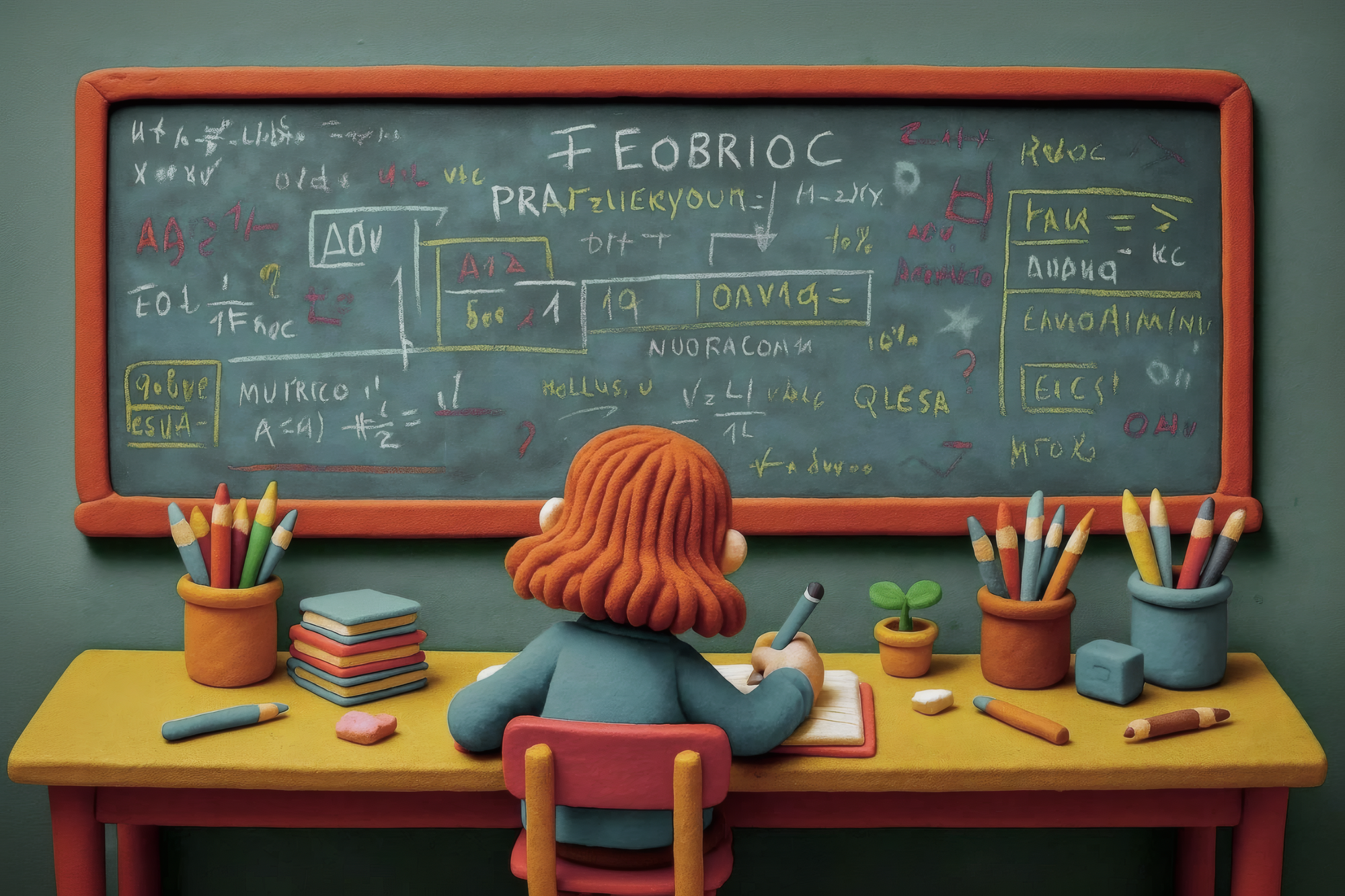 Vu de dos, un personnage aux cheveux roux est assis à un bureau jaune et écrit dans un cahier. Derrière lui, un grand tableau noir est entièrement couvert de textes et de formules complexes écrits à la craie de différentes couleurs.