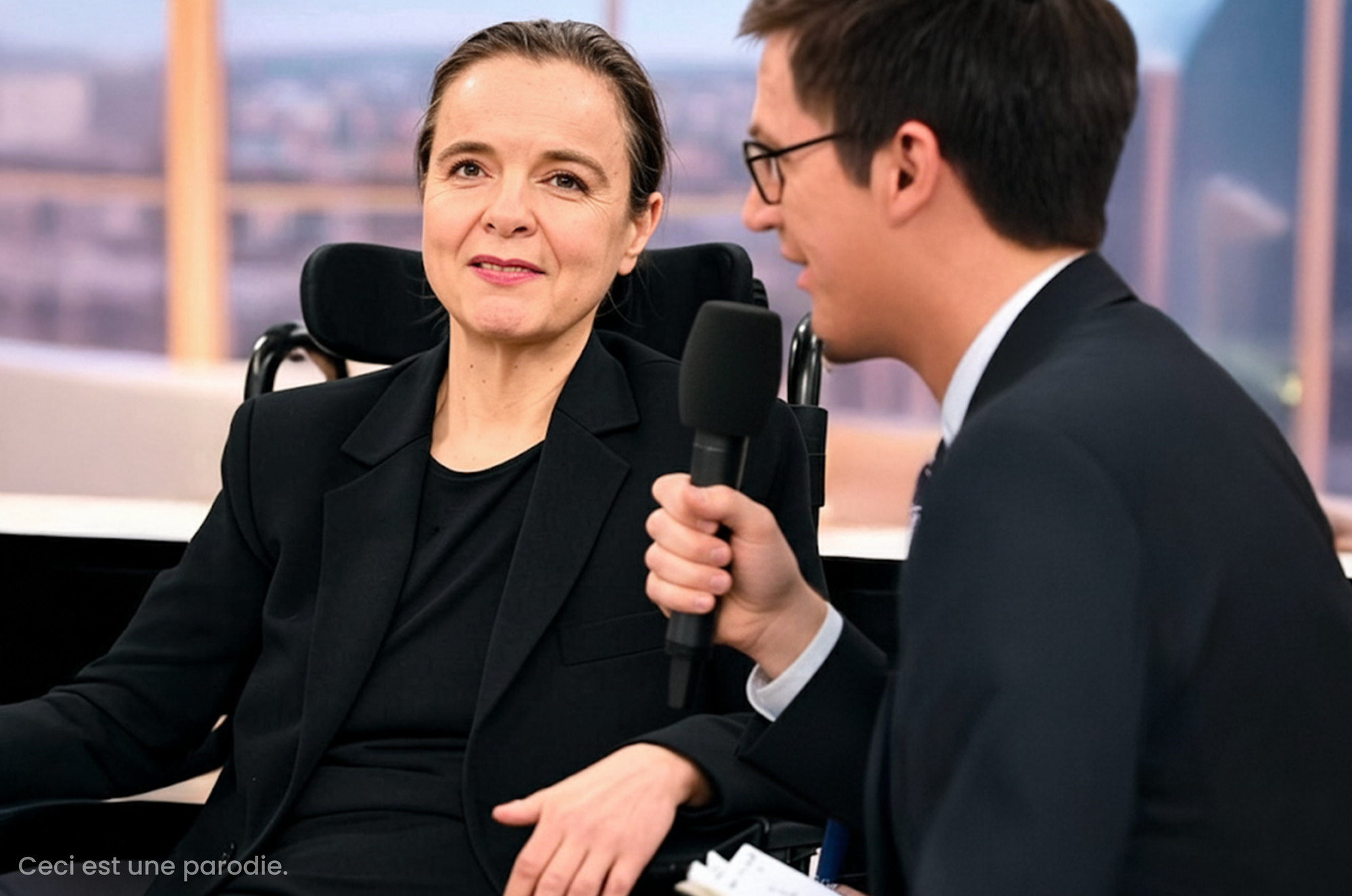Dans un studio de télévision, l’écrivaine Amélie Nothomb, en fauteuil roulant, se voit tendre un micro par un homme de profil. En bas à gauche, l’image porte la mention «&nbsp;Ceci est une parodie&nbsp;».