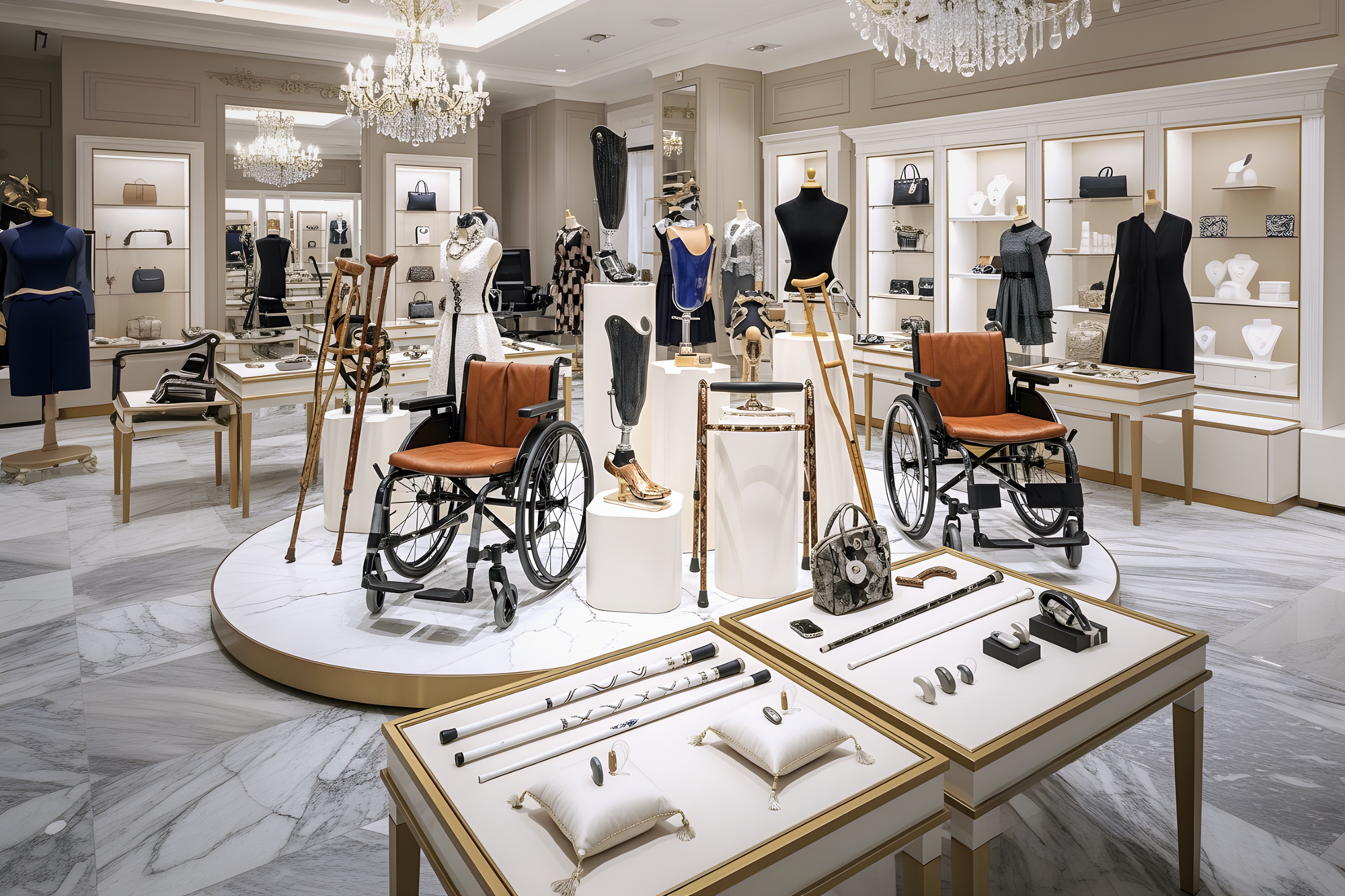 Dans un magasin de luxe à l’esthétique épurée, des aides à la mobilité sont mises en scène comme des objets de grande valeur. Au centre de la pièce, des fauteuils roulants, des béquilles, des prothèses et des cannes au design soigné sont disposés sur des podiums et dans des vitrines, à la manière d’articles de haute couture.