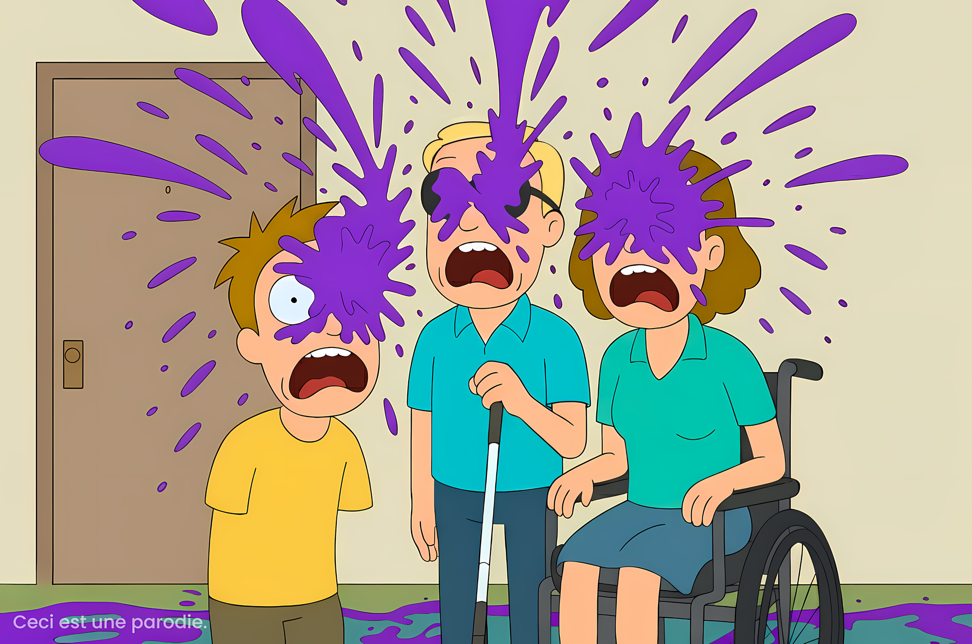 Dans une illustration de style dessin animé, une femme en fauteuil roulant, un homme tenant une canne blanche et un garçon sans bras sont éclaboussés au visage par un liquide violet. Tous les trois ont la bouche ouverte dans une expression de choc.