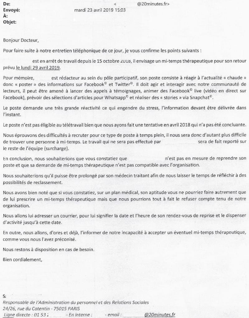 Capture d’écran d’un courriel daté du 23 avril 2019 et adressé à un docteur. Le texte expose les raisons pour lesquelles une demande de mi-temps thérapeutique pour un poste de rédacteur est jugée incompatible avec l’organisation de l’entreprise.