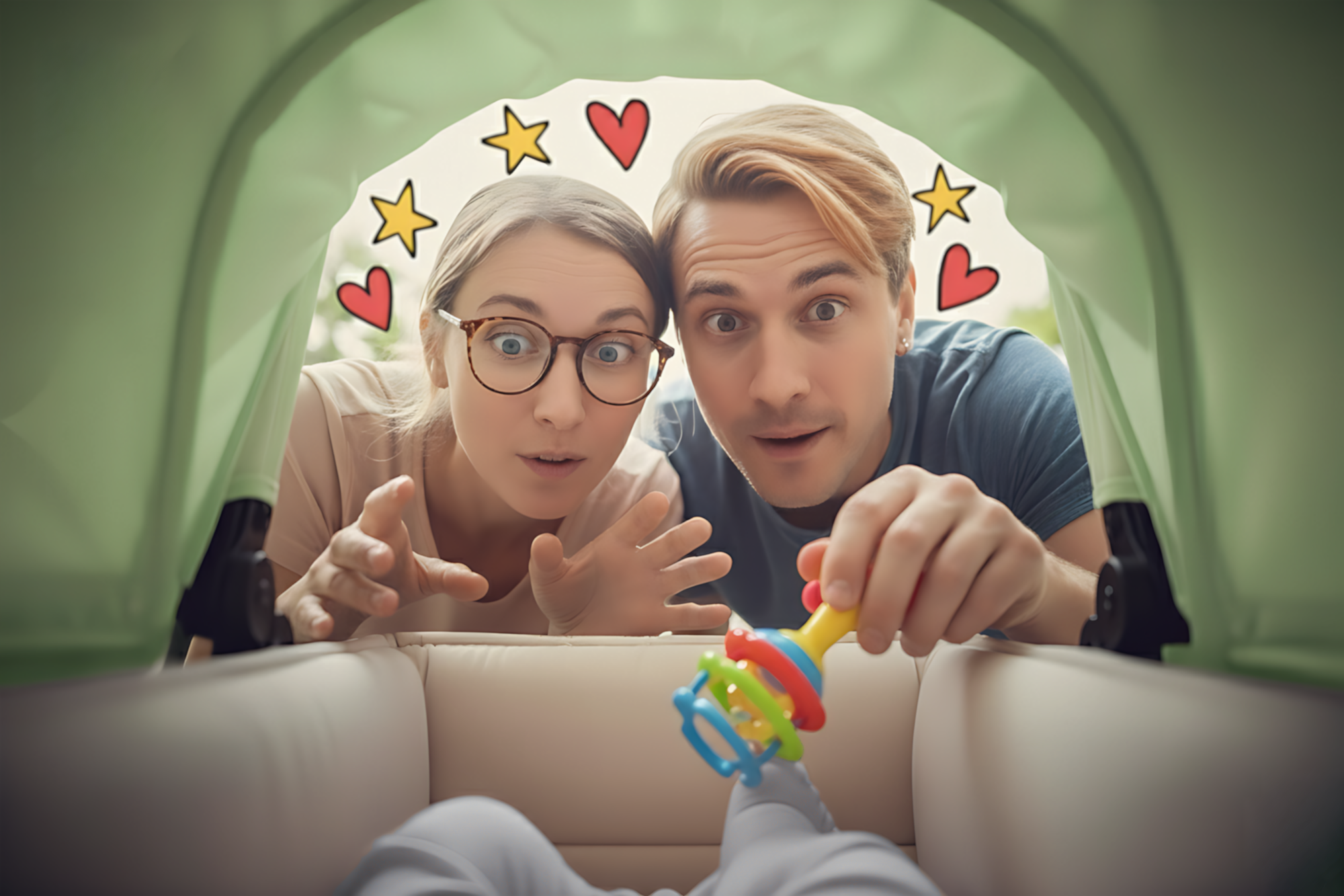 Vue subjective depuis l'intérieur d'une poussette, où un homme et une femme se penchent vers un bébé avec des expressions faciales émerveillées. L'homme tend un hochet coloré en direction du bébé, dont on aperçoit les jambes au premier plan.