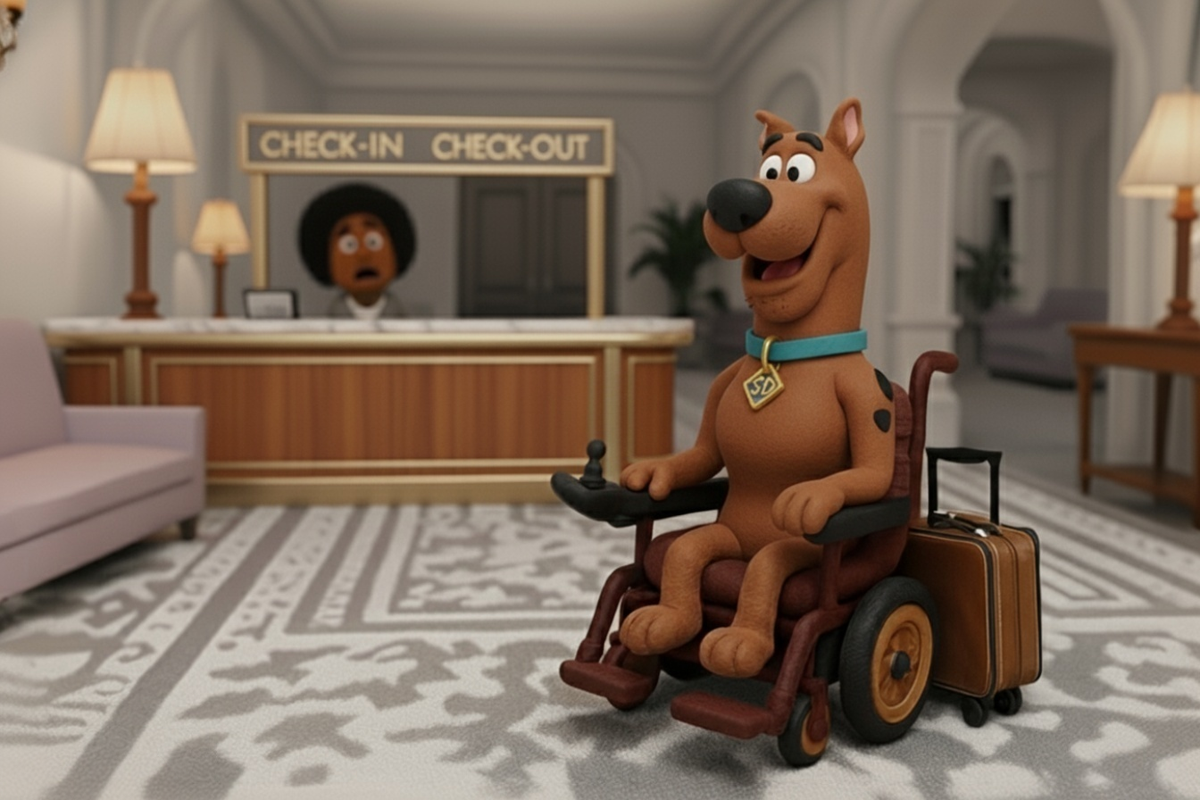 Dans un hall d'hôtel, le chien Scooby-Doo, assis dans un fauteuil roulant électrique avec une valise, se trouve devant le bureau d'accueil "CHECK-IN / CHECK-OUT". Derrière le comptoir, une personne à la coiffure afro le regarde avec une expression de panique.