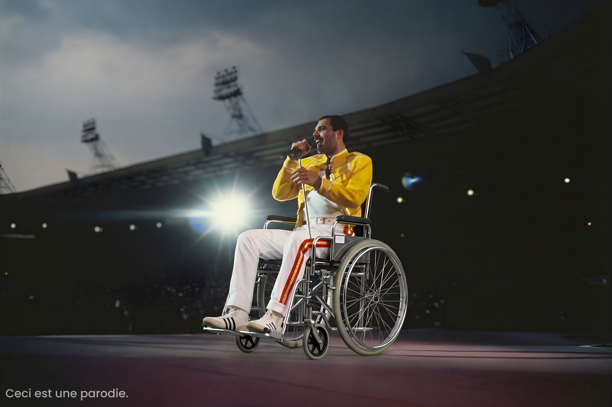 Le chanteur Freddie Mercury, assis sur un fauteuil roulant, chante sur scène dans un grand stade sous des projecteurs. Un texte en bas à gauche indique : « Ceci est une parodie. »
