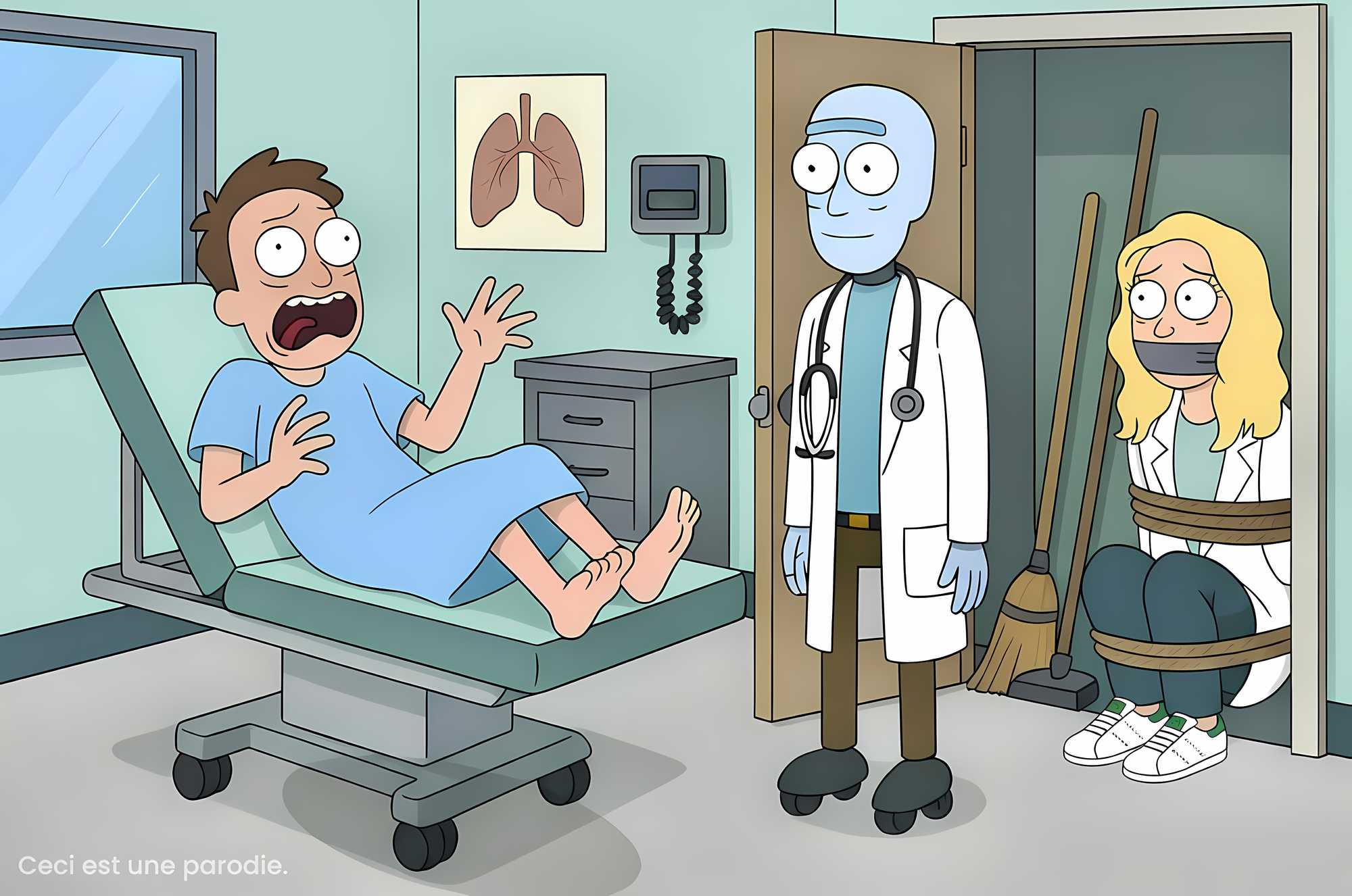 Trois personnes sont présentes dans une salle d’examen médicale : une personne assise sur une table d’examen en blouse d’hôpital, un individu à la peau bleue (un robot) debout portant une blouse blanche et un stéthoscope, et une autre personne assise au sol dans un placard ouvert, attachée avec une corde près de balais.