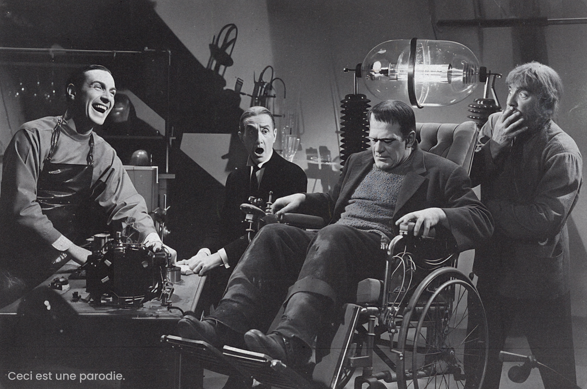 Une scène de parodie en noir et blanc dans un laboratoire montre le monstre de Frankenstein assis dans un fauteuil roulant. Trois autres hommes autour de lui affichent des expressions exagérées de rire et de stupeur.