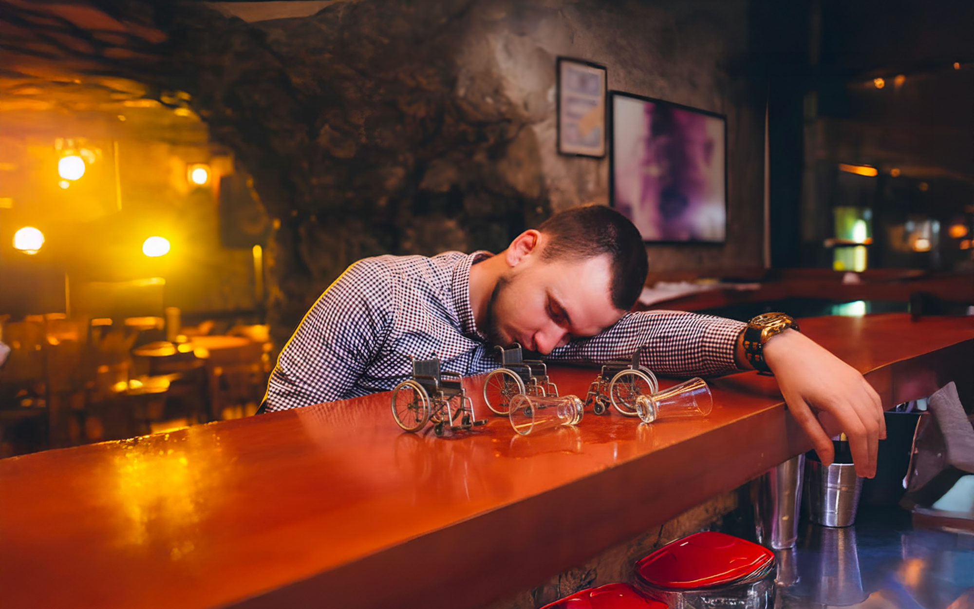 Un homme assis au bar repose sa tête sur le comptoir, entouré de trois petits modèles de fauteuils roulants et de deux verres vides devant lui. La scène se déroule dans un lieu public éclairé, sans interaction avec d’autres personnes discernable.