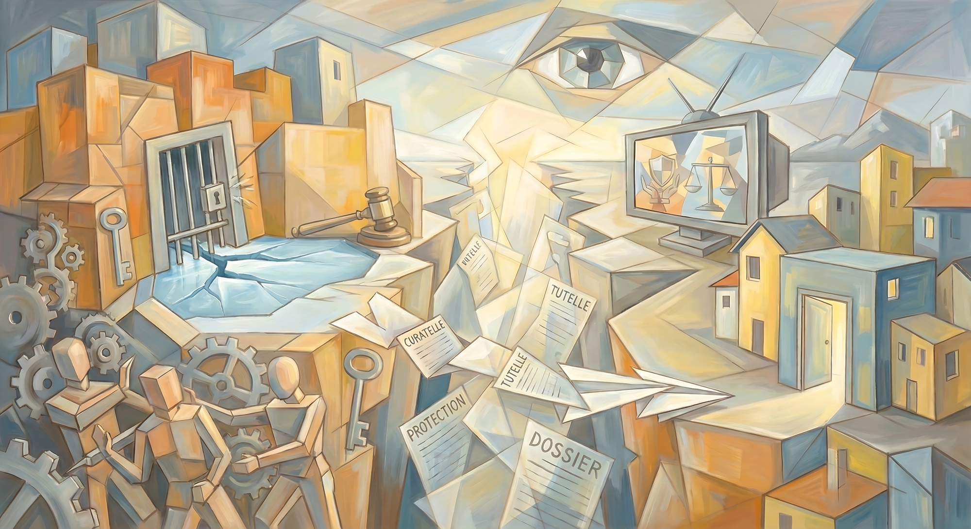 Illustration cubiste montrant à gauche des silhouettes humaines stylisées parmi des engrenages, un mur avec barreaux, clé et marteau de juge, et à droite un quartier de maisons menant vers un écran de télévision affichant des symboles de justice. Au centre, un gouffre rempli de papiers portant des mots comme « curatelle », « tutelle », « protection » et « dossier », surmonté d’un grand œil géométrique dans le ciel.