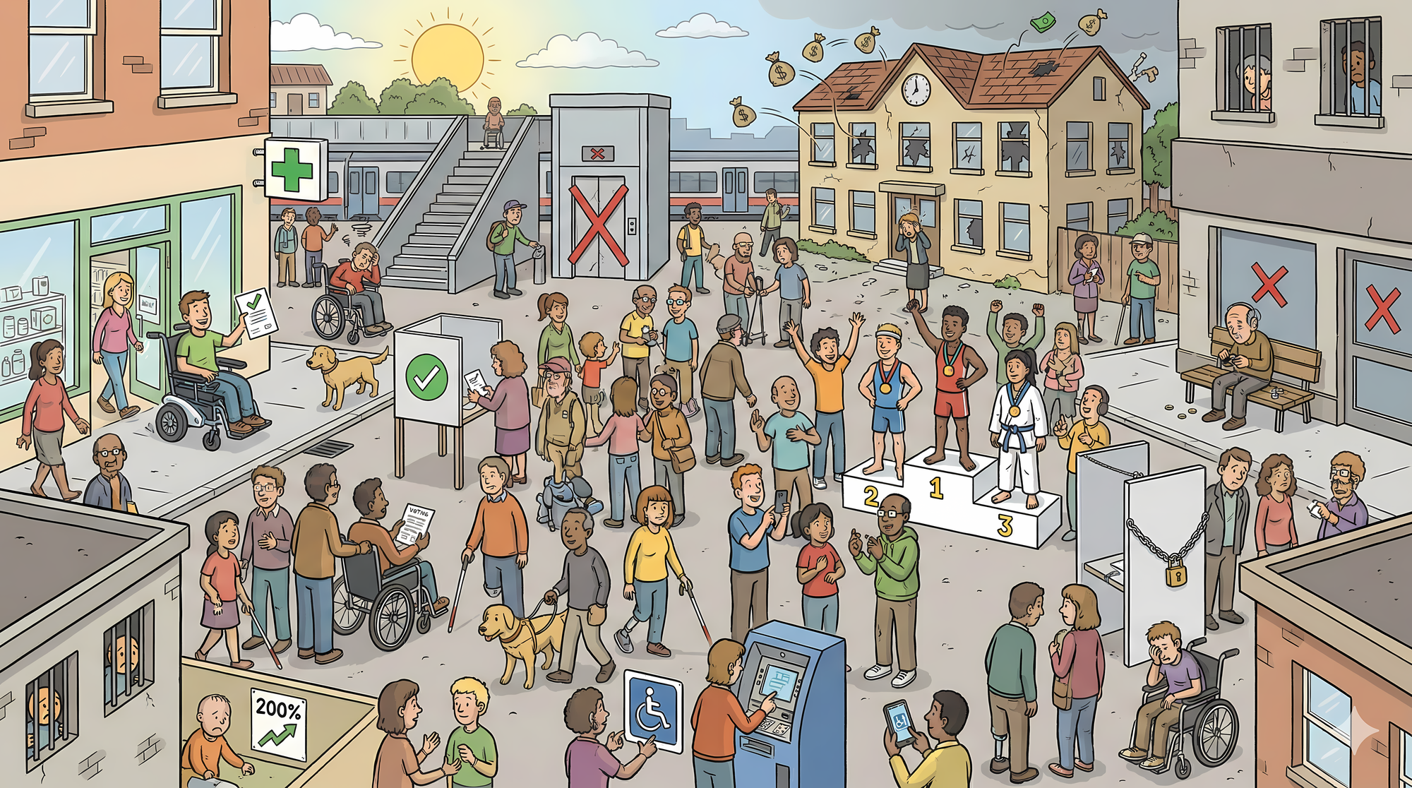 Illustration d’une grande place publique où de nombreuses personnes, avec et sans handicap apparent, circulent, discutent, votent, utilisent des services (pharmacie, distributeur automatique, transports) et participent à des activités sportives, certaines rencontrant des obstacles comme des escaliers sans rampe, un ascenseur barré ou des locaux accessibles seulement par chaînes et cadenas.L’image montre en parallèle des situations d’inclusion (signalétique accessible, chien d’assistance, podium sportif avec athlètes divers, borne avec pictogramme fauteuil roulant) et d’exclusion ou de négligence (bâtiments délabrés, personnes isolées derrière des barreaux ou devant des portes marquées d’une croix, vieil homme seul sur un banc).