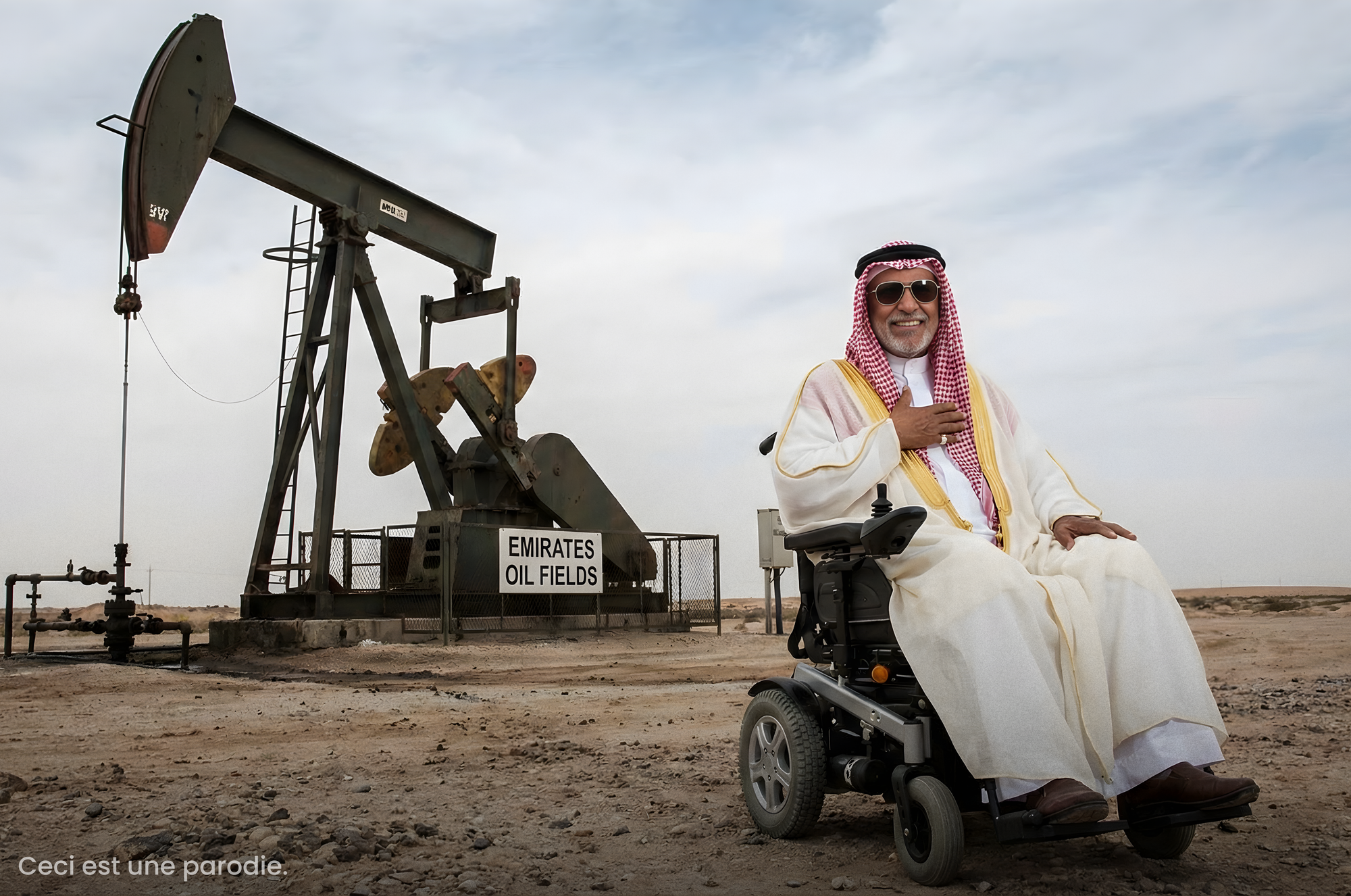 Un homme souriant, portant une tenue traditionnelle du Golfe et des lunettes de soleil, est assis dans un fauteuil roulant électrique au premier plan d’un paysage désertique, avec une pompe à pétrole industrielle derrière lui portant l’inscription « EMIRATES OIL FIELDS ». Dans le coin inférieur gauche de l’image figure le texte « Ceci est une parodie. ».
