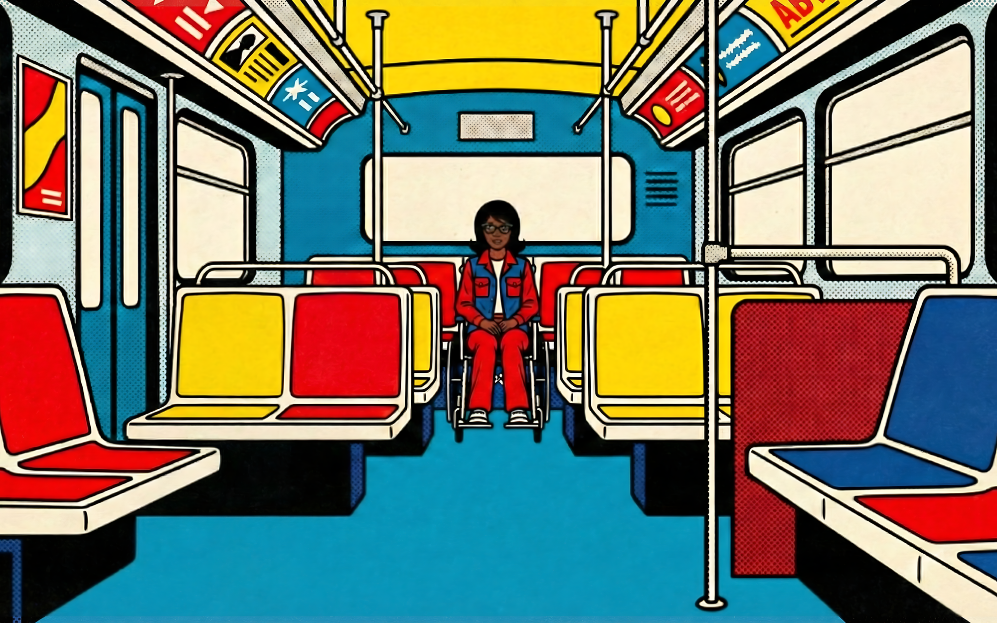 Illustration de style bande dessinée aux couleurs vives représentant une personne en fauteuil roulant manuel, vue de face au centre d'un bus désert. Elle porte une veste en jean et des lunettes, entourée de rangées de sièges vides rouges, jaunes et bleus.